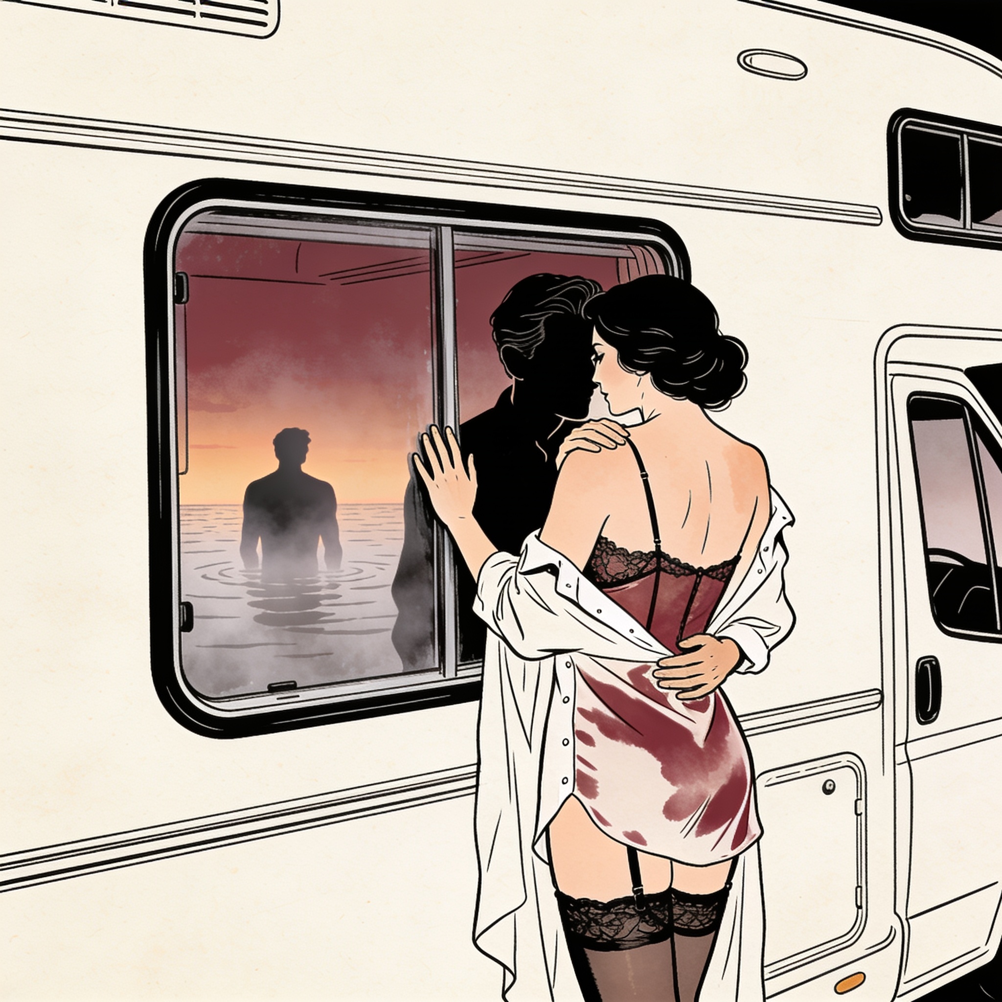 A woman watches a man from a window at dawn, her shoulder bare, tension palpable.