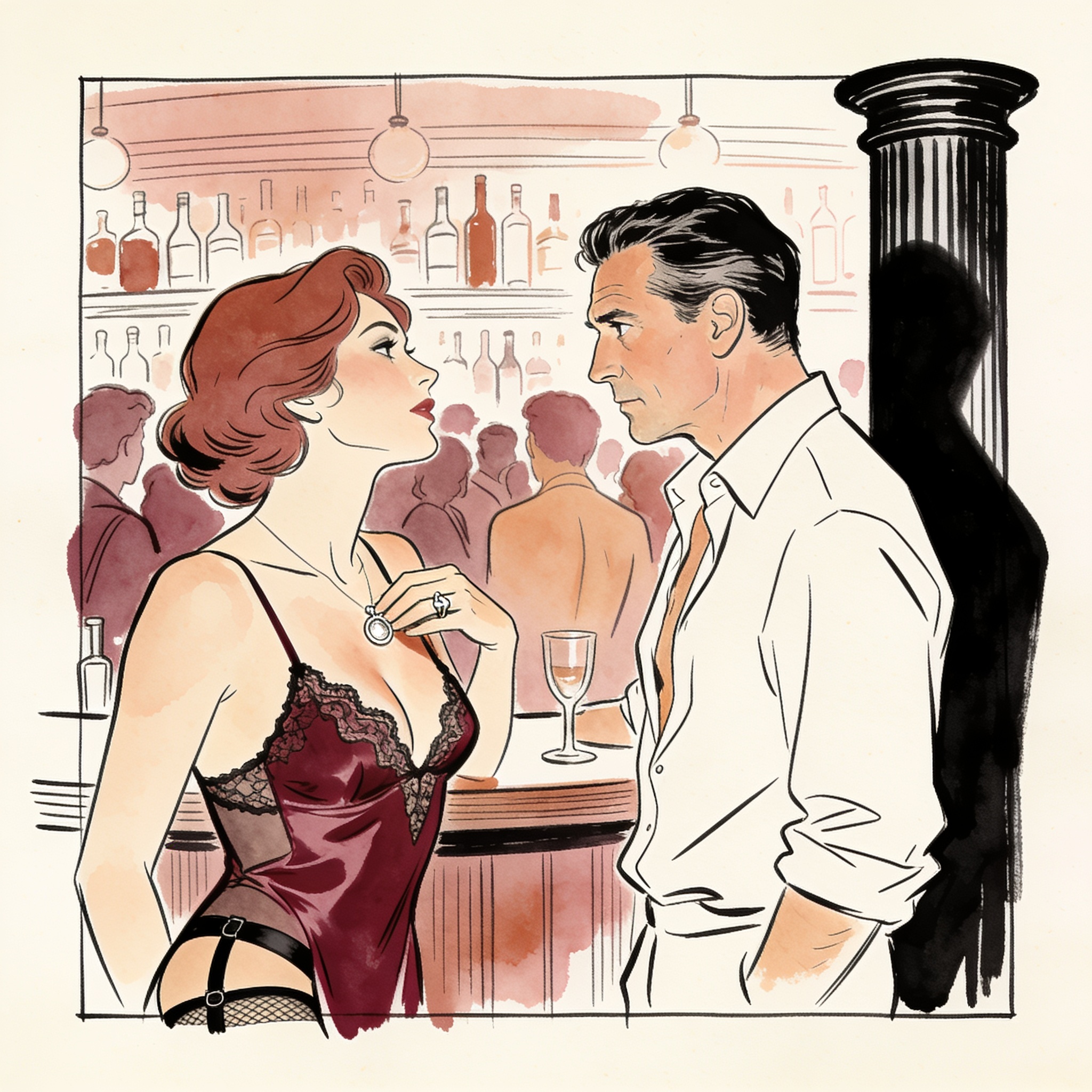 A woman meets a man's intense gaze in a club, her hand resting near her chest.