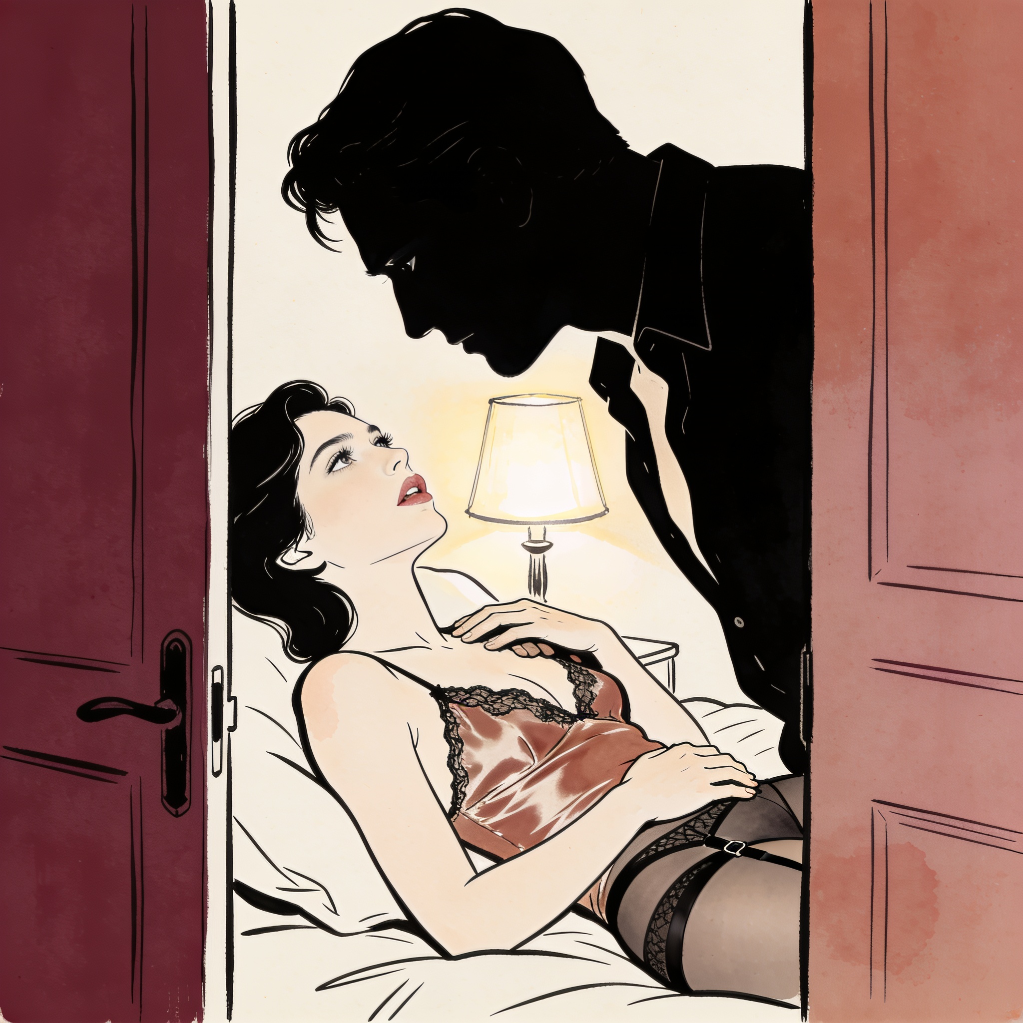A man watches from a doorway as a woman lies on a bed in a silk camisole.