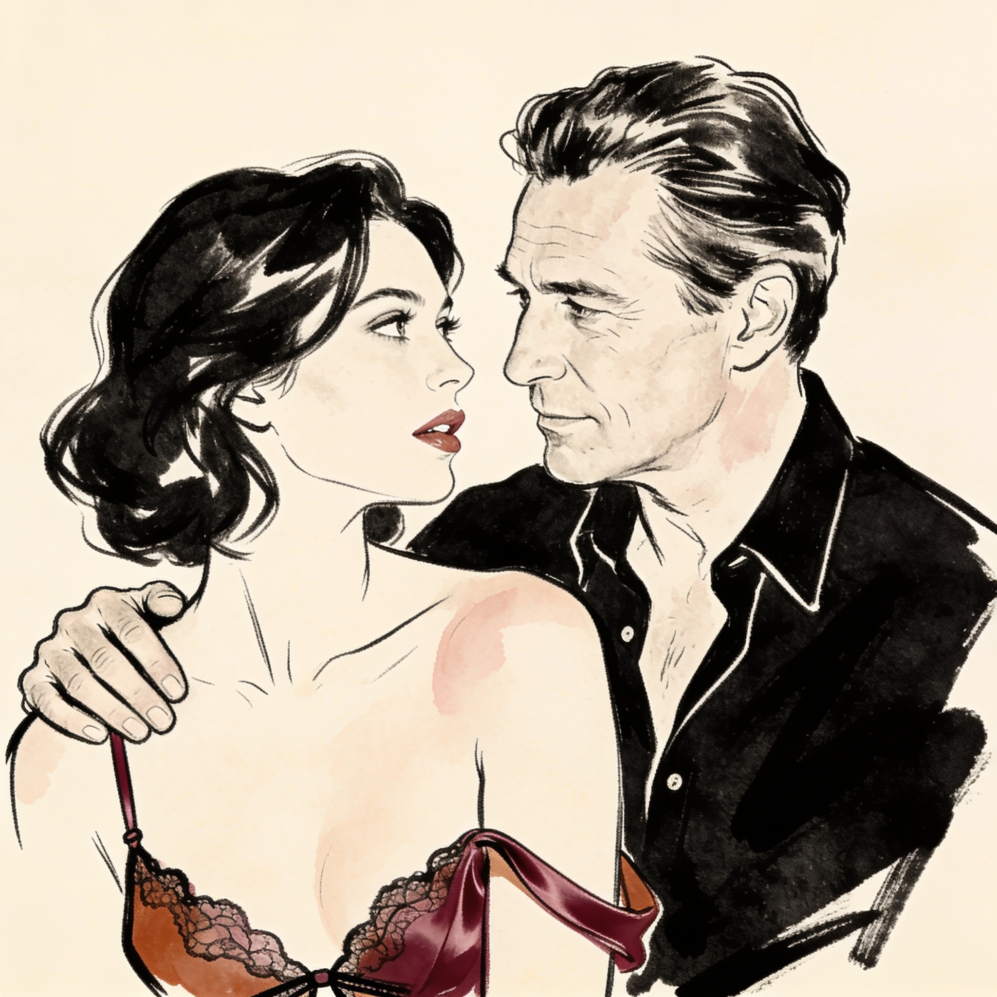 Two women exchange a longing gaze across a luxurious room, one in a silk slip, tension ...