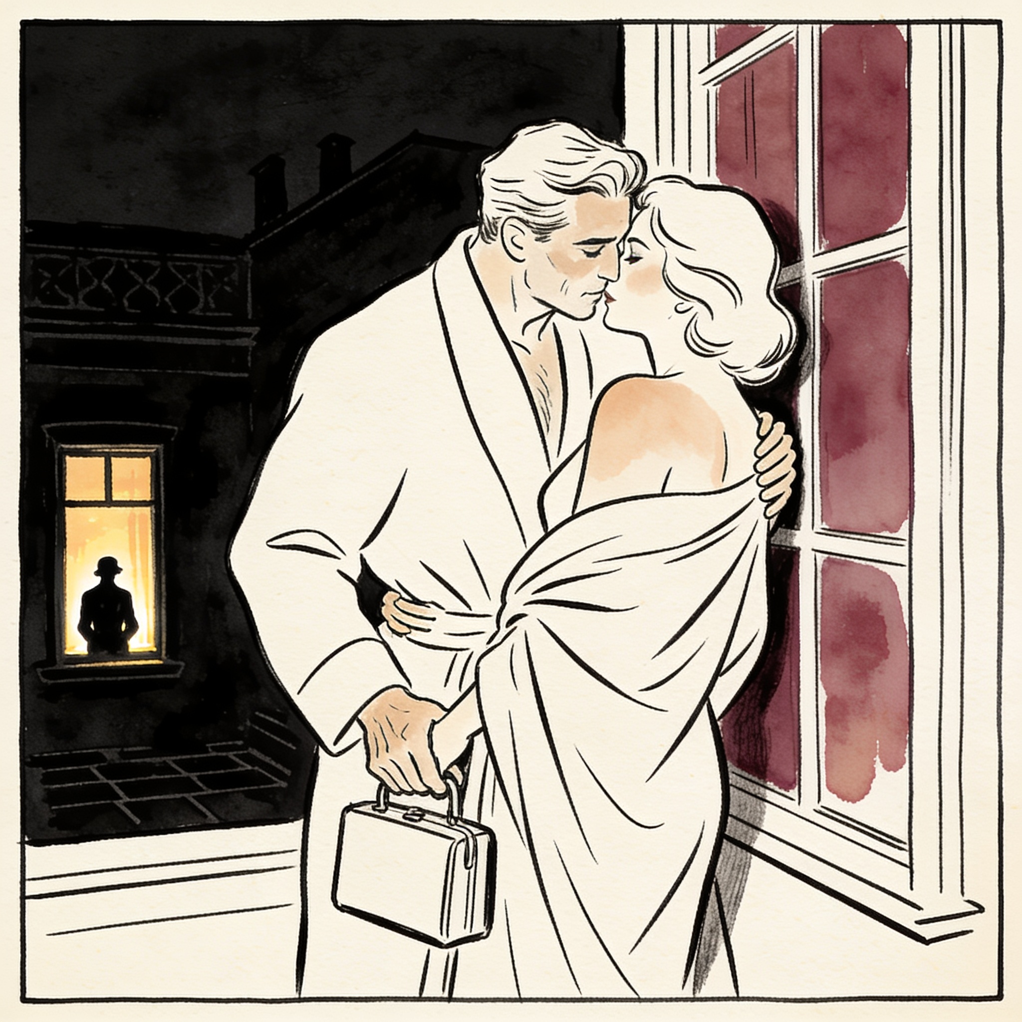 Two silhouettes by a window, watched from another building across a courtyard.