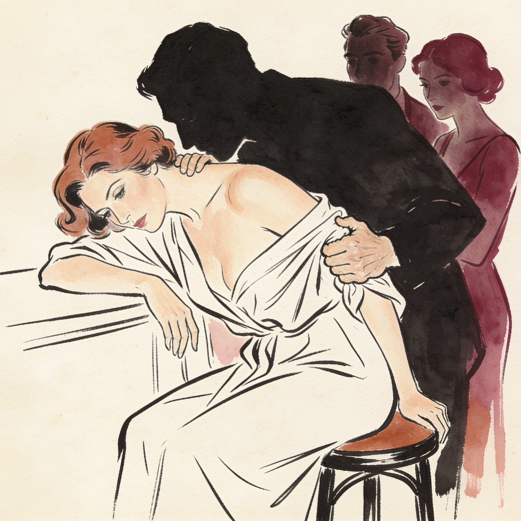 A distressed woman at a bar is surrounded by three looming male figures.