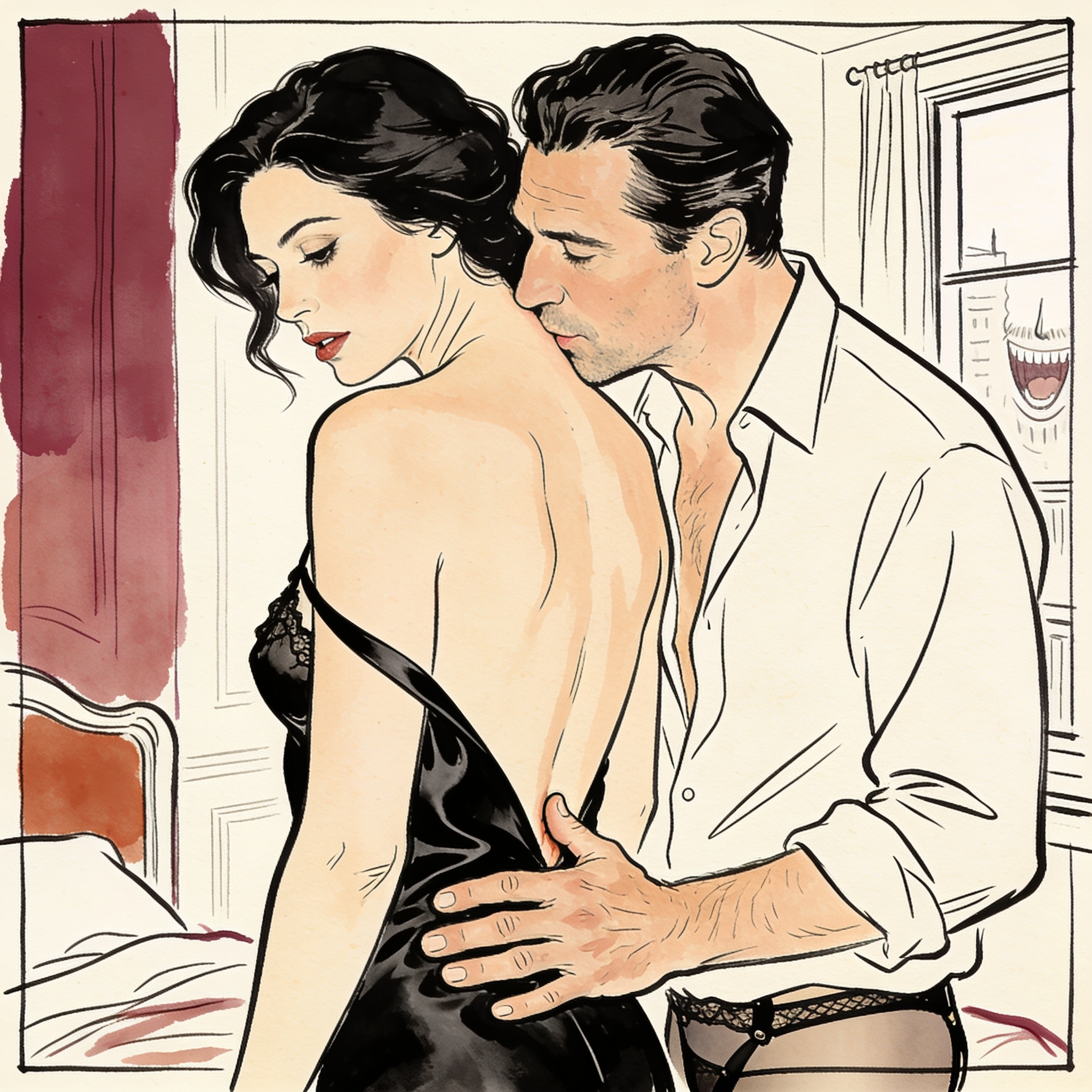 A man's hand on a woman's back, his lips near her bare shoulder.