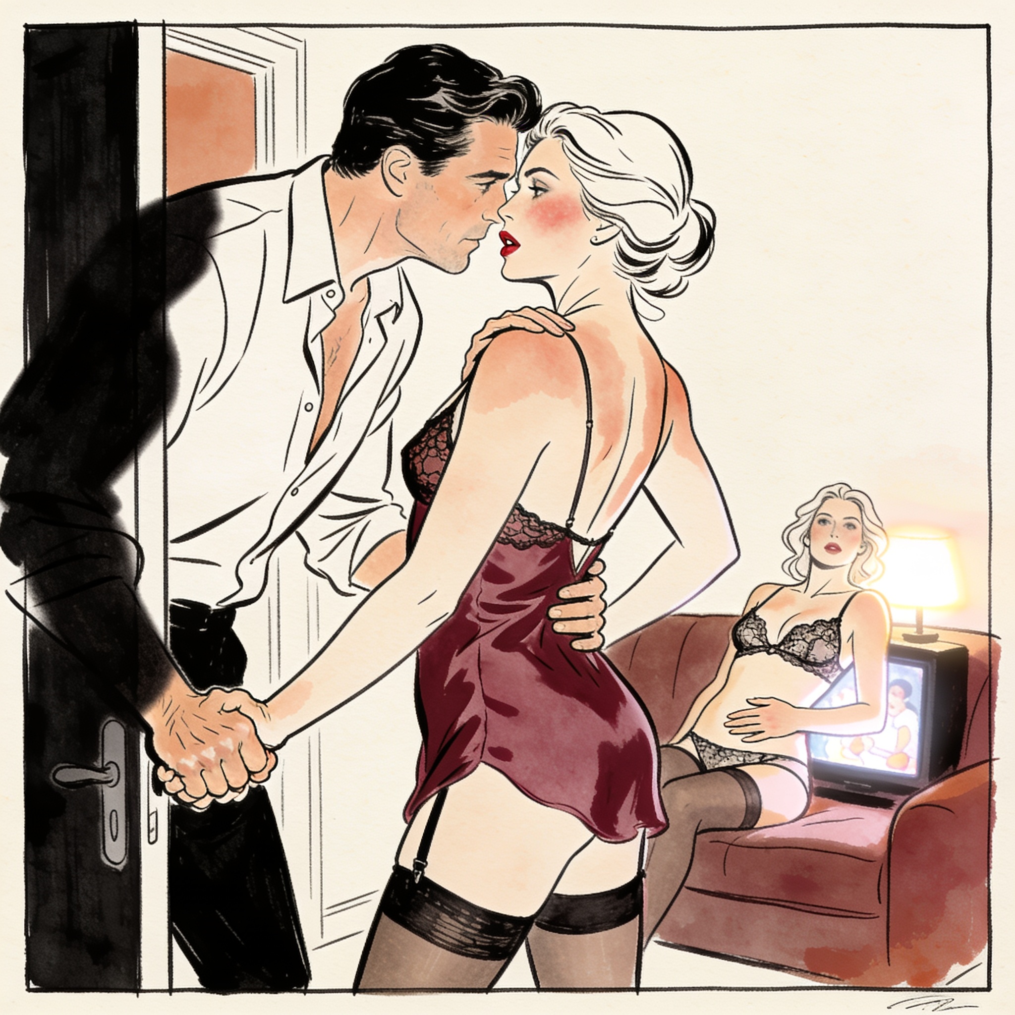 Couple watches babysitter arching back, lit by television, her face turning towards them.