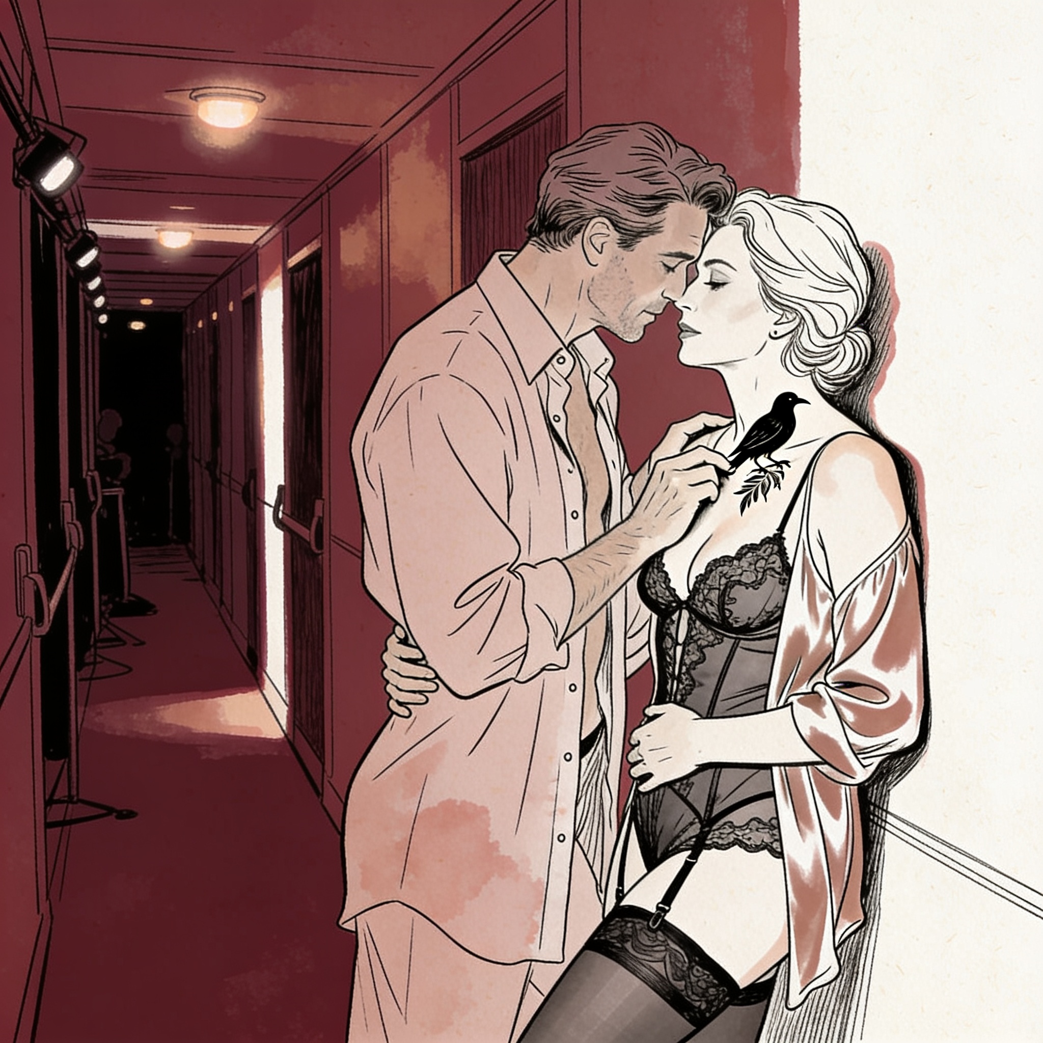 A man and woman close in a dark corridor, his hand on her tattooed collarbone.