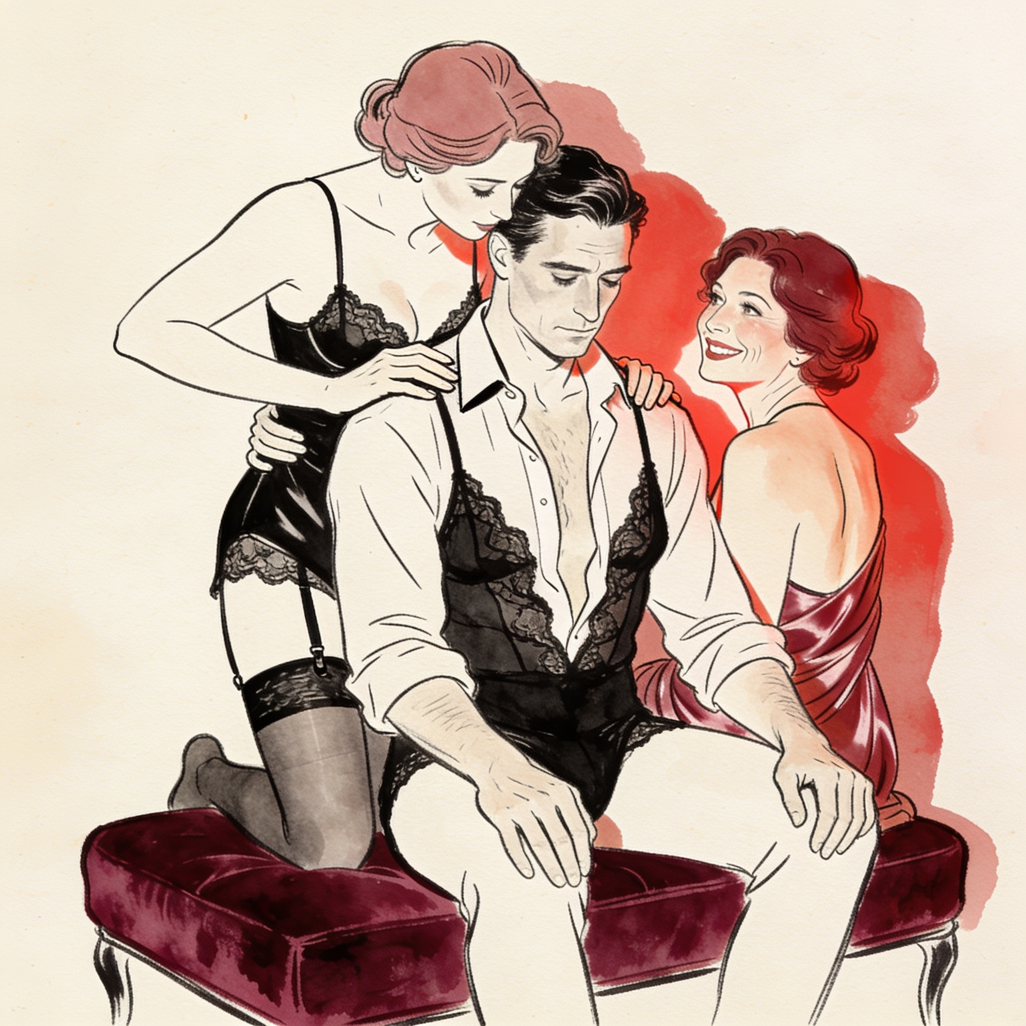 A couple in collars awaits inspection, the man in lace, a woman's hand on his shoulder.