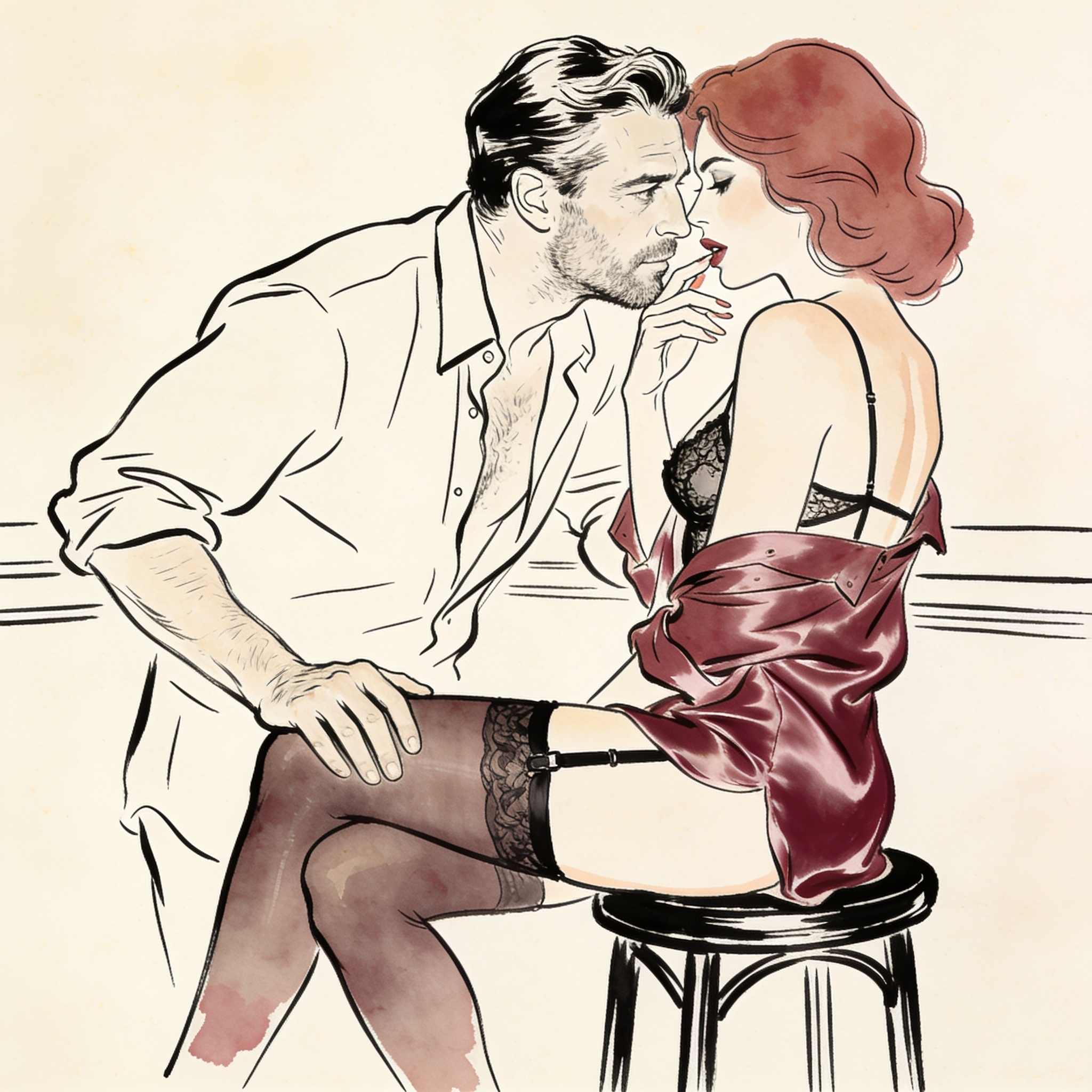 Two people intimately close at a dim bar, sharing a charged, silent moment of anticipat...