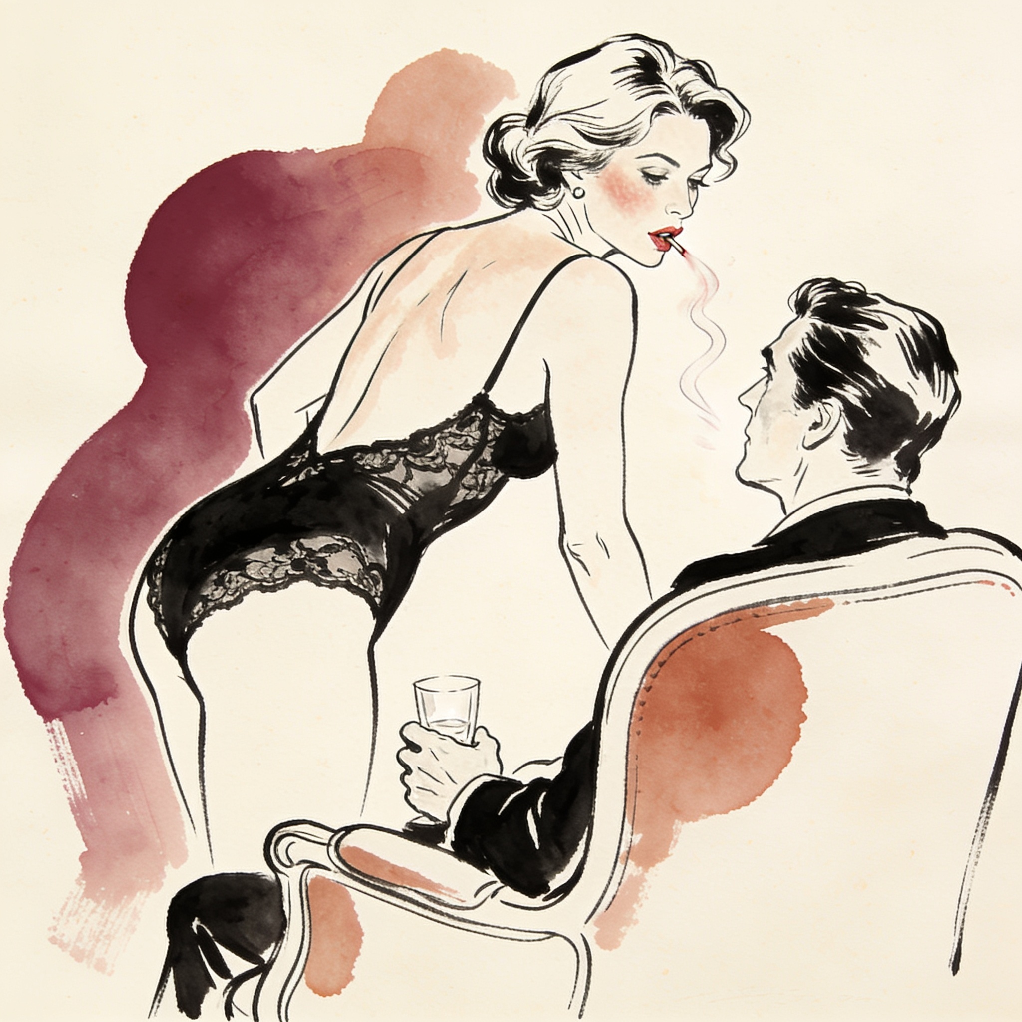 Woman in lace leans over, biting lip, under a stranger's intense gaze.