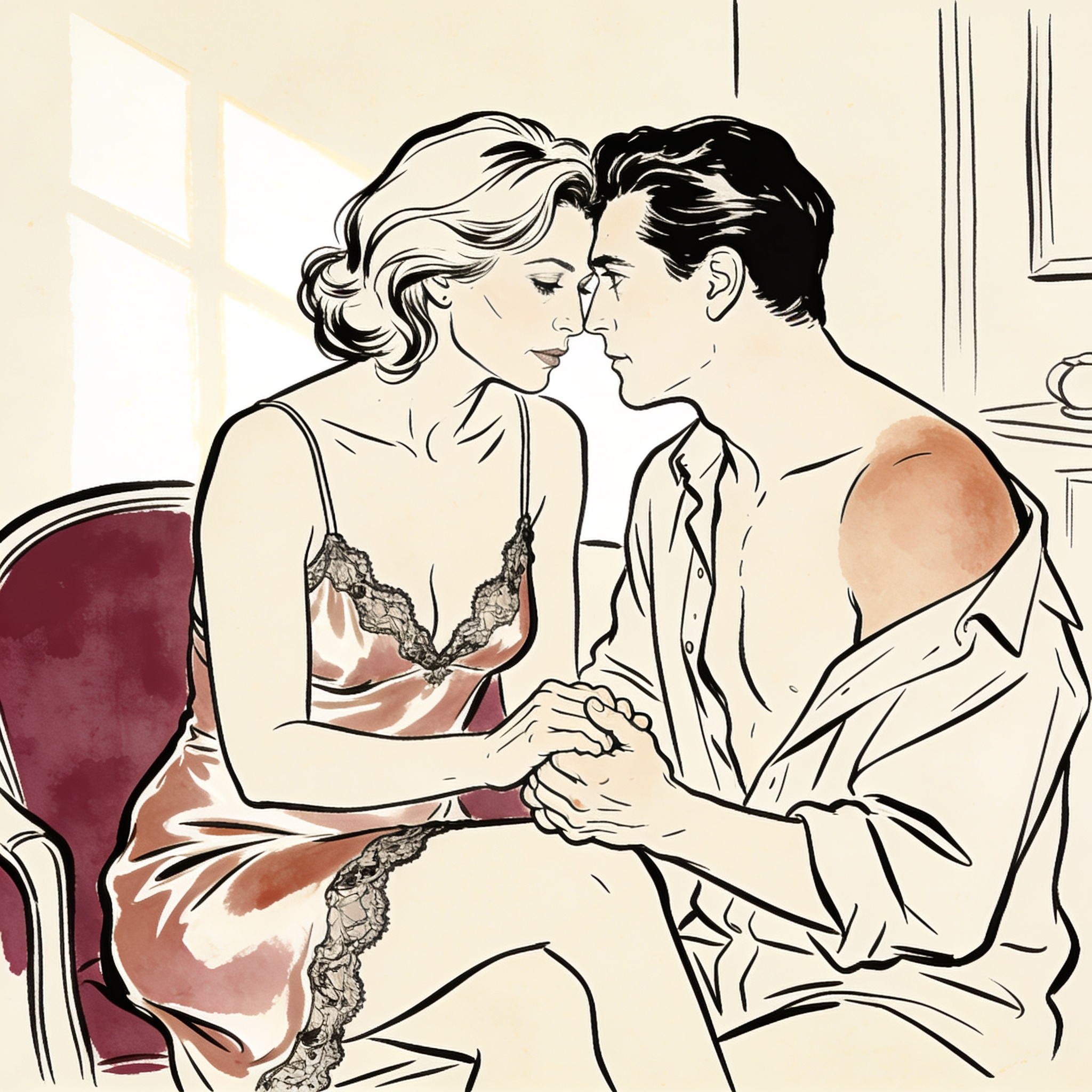 A woman in a silk slip leans toward a man, their faces close as she shares a secret des...