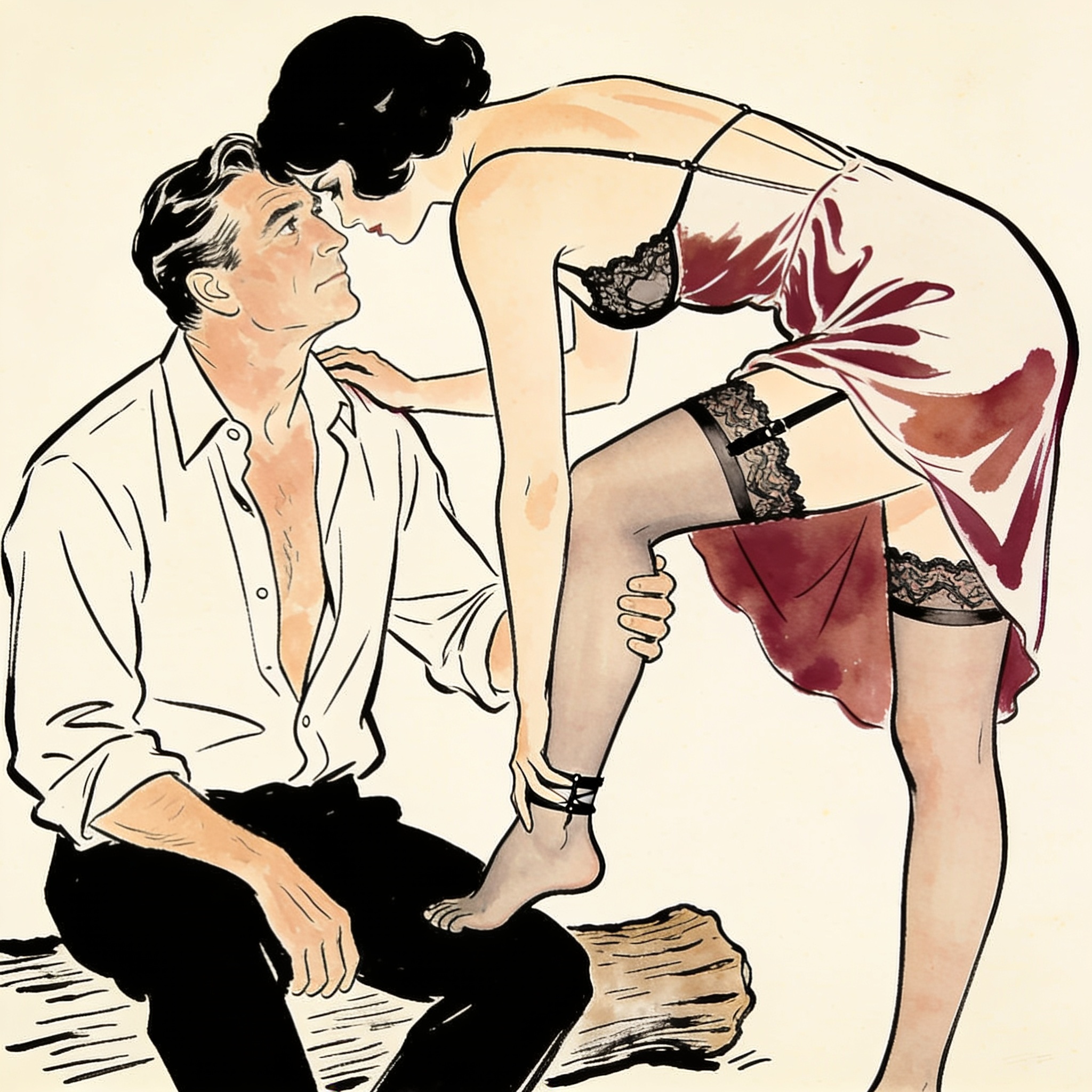 A woman in a sundress reveals her stockings to a watchful man in a sunlit forest.