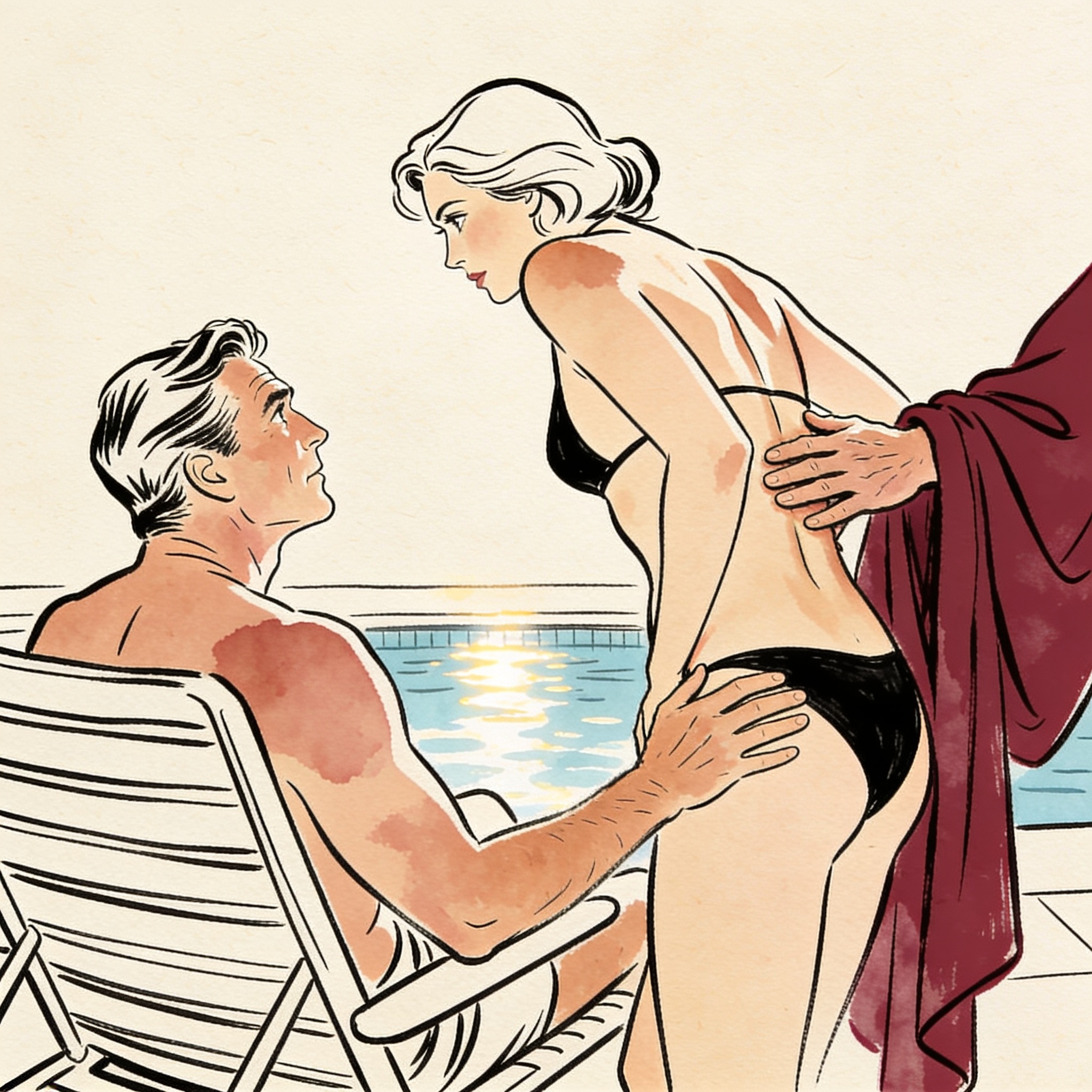 Man watches another man touch his wife's back by the pool.