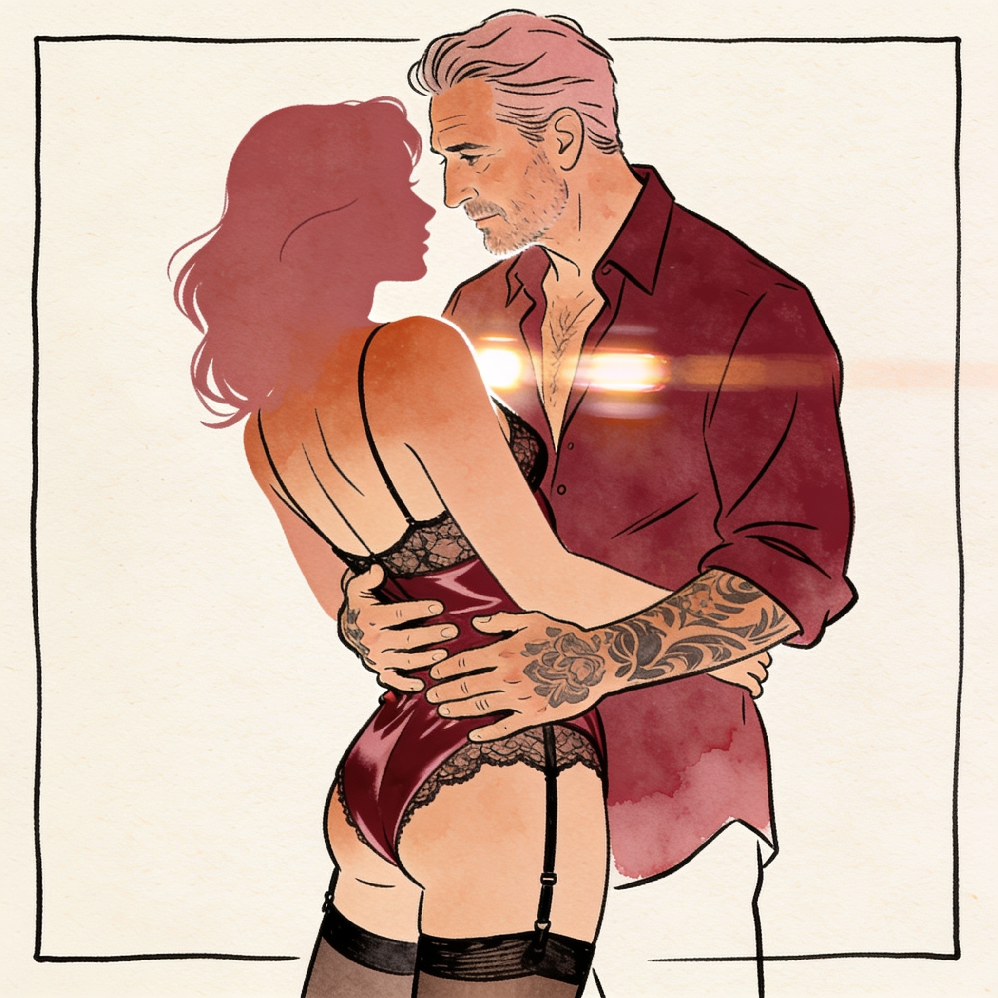 Couple embraced at a night parade, watched by a stranger from the shadows.
