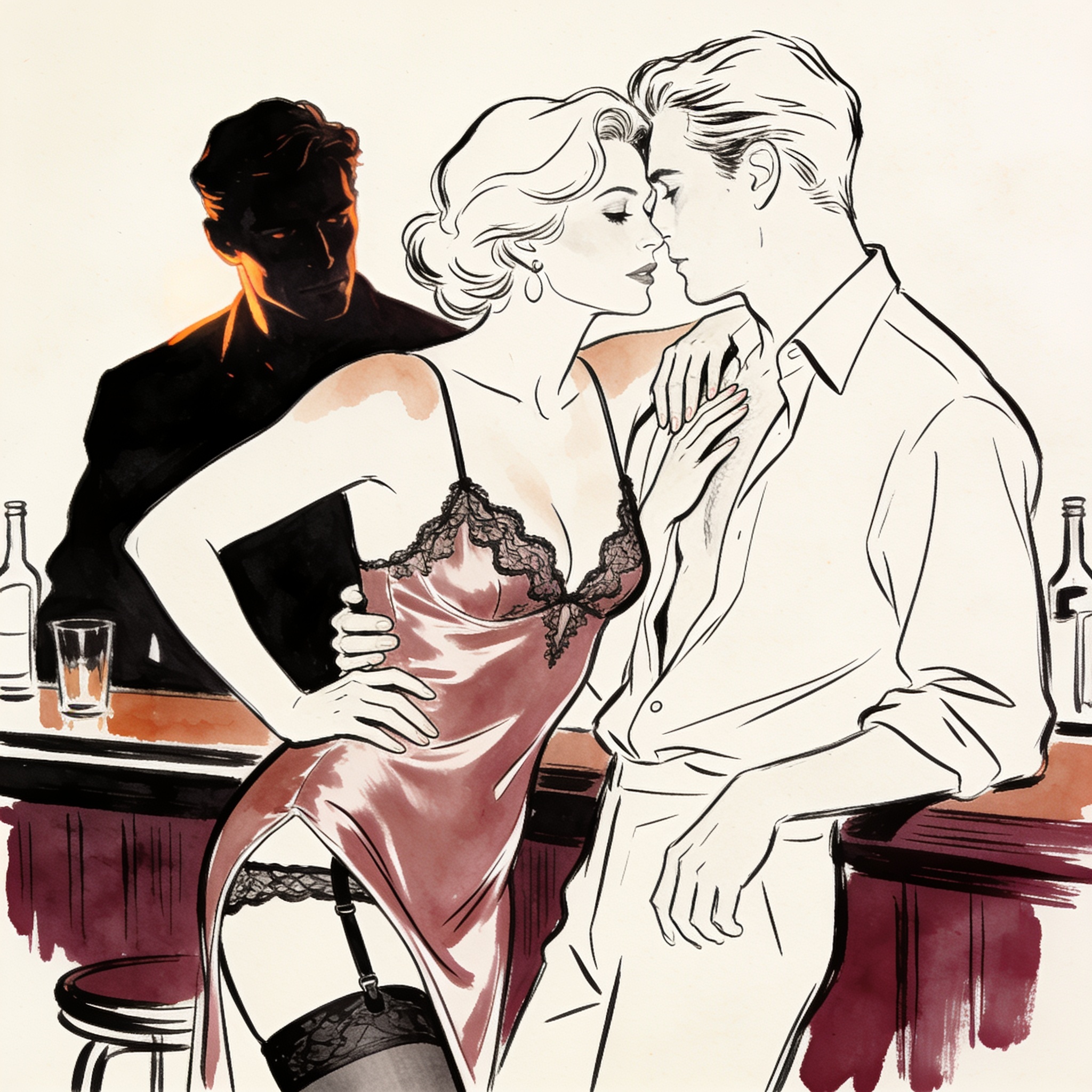 A voyeur watches a woman in lingerie touching a stranger at a bar.
