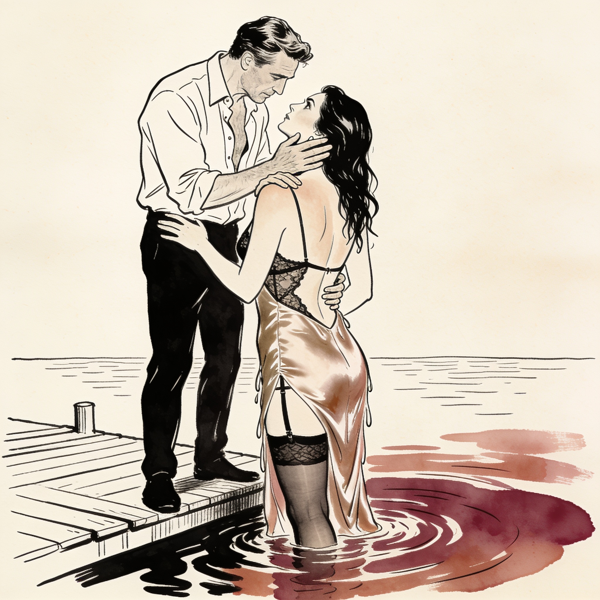 A couple on a dock at dusk, a man touches a woman's face as she looks up at him.