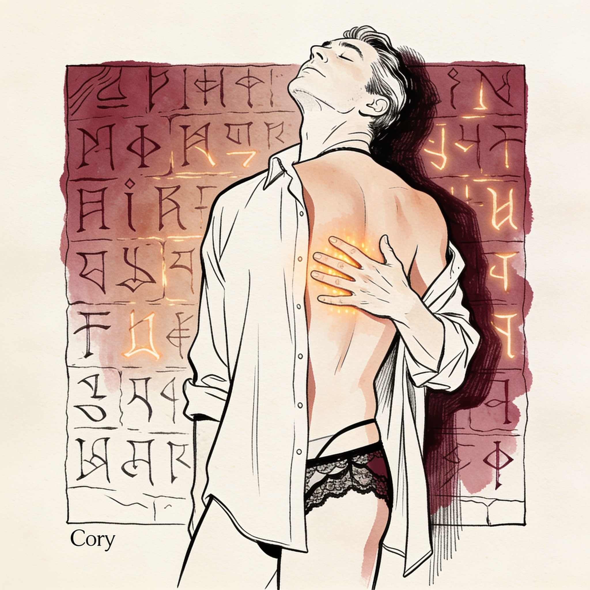A young man leans against a glowing wall, his open shirt revealing lace underwear, a ha...