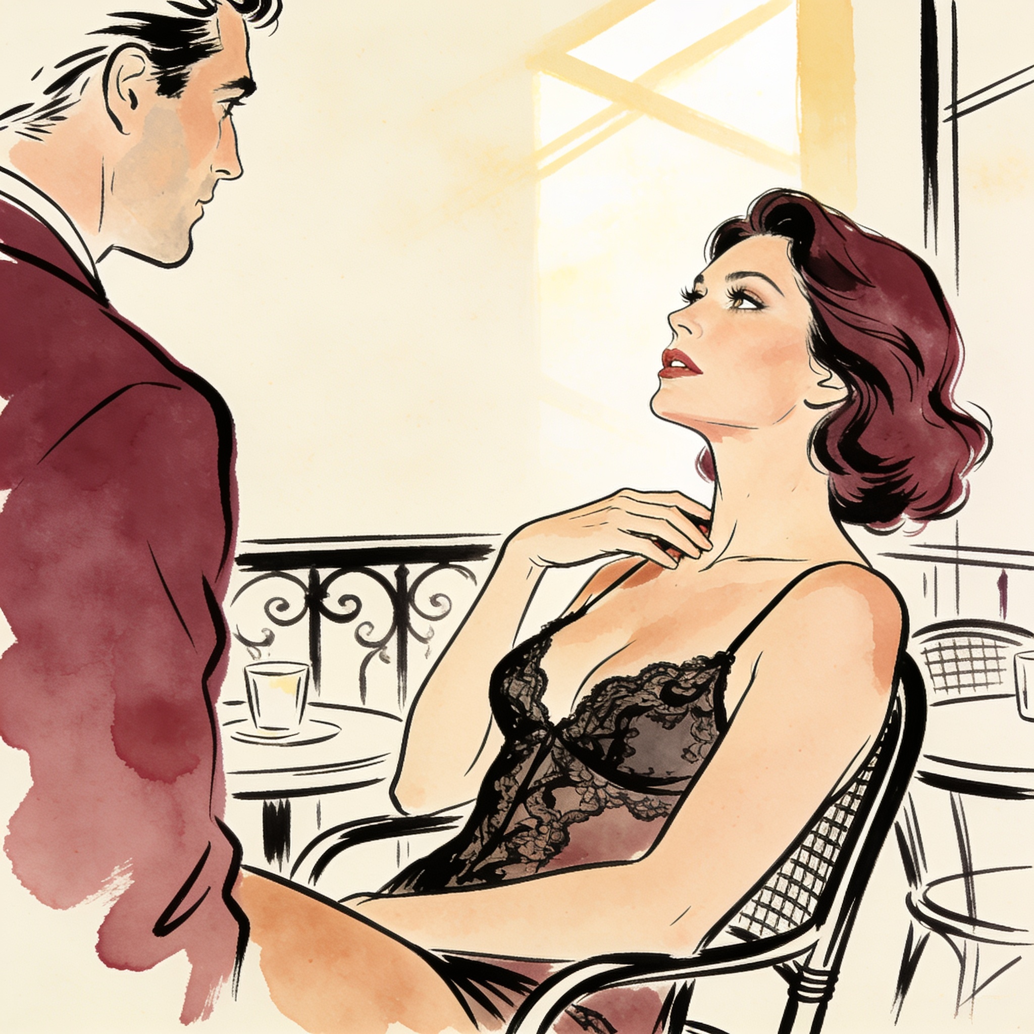 Illustration of a woman sharing an intense, charged gaze with a stranger at a cafe.