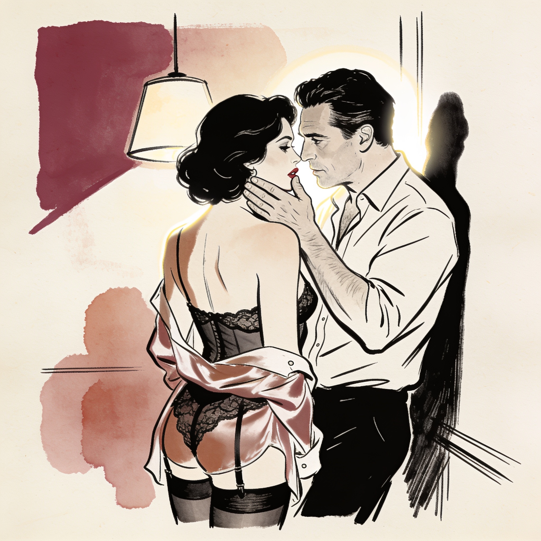 A man and woman in a dim hotel room, their foreheads almost touching in a tense, intima...