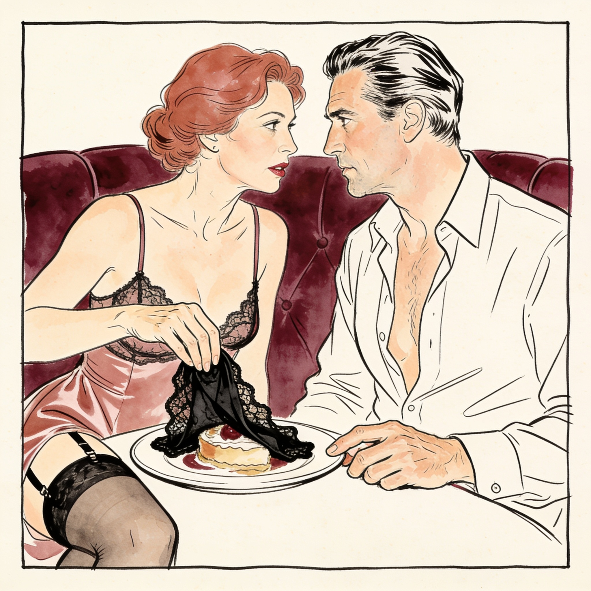 Close-up: a woman's hand slides folded black lace towards a man's hand across a table.