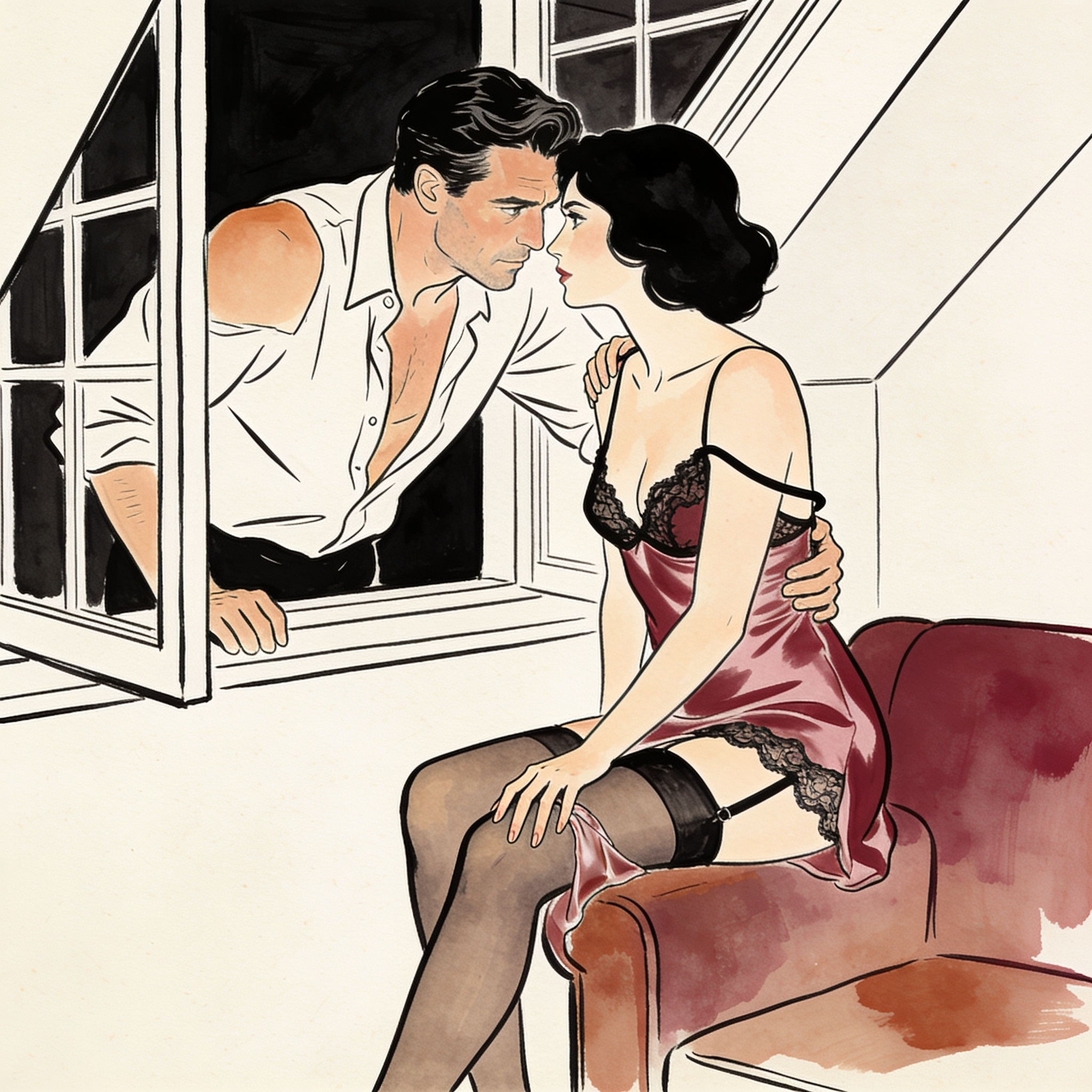 A couple in an intimate, tense moment, sharing a look as her lingerie strap falls.