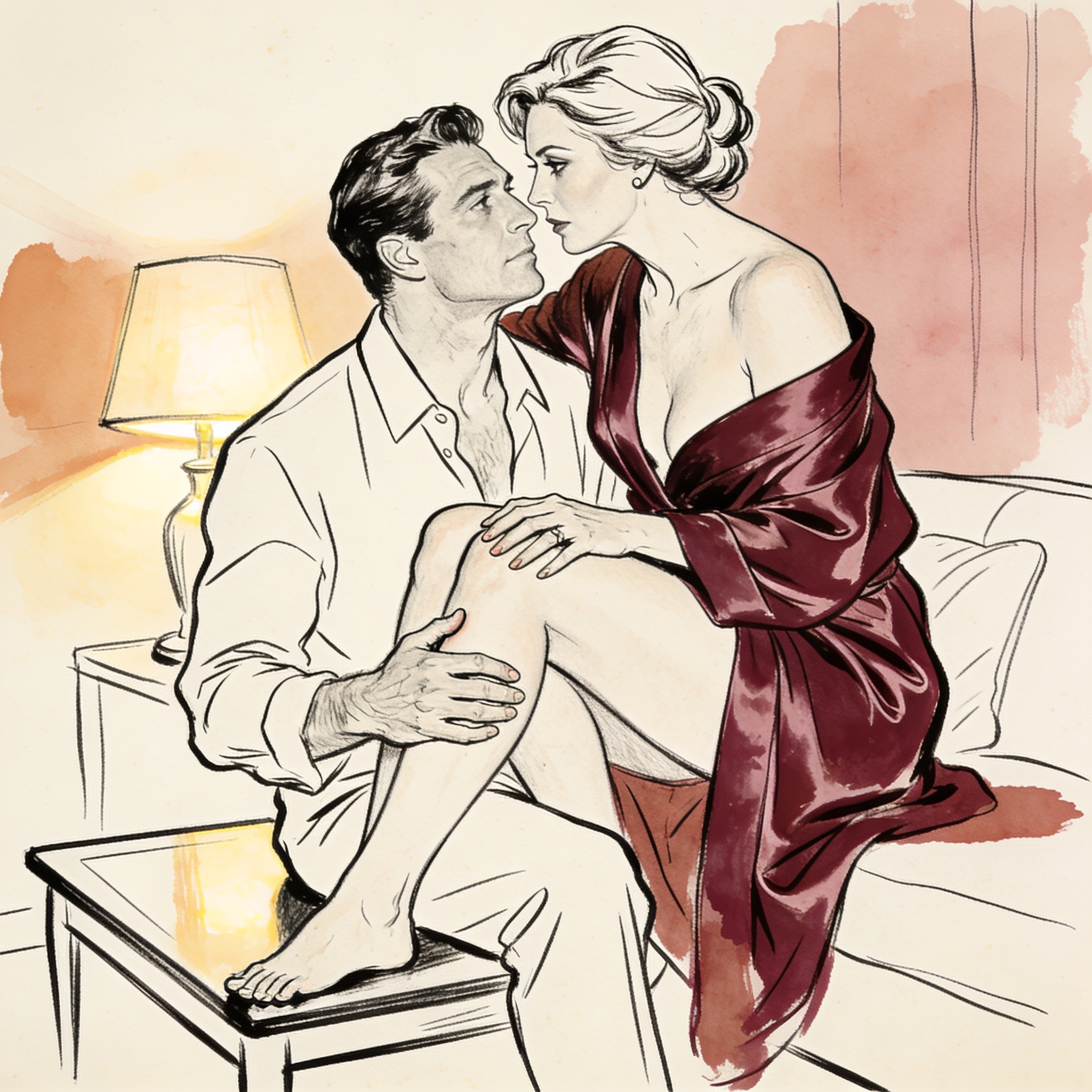 A woman in a silk robe leans close to a man, their knees touching as she whispers inten...