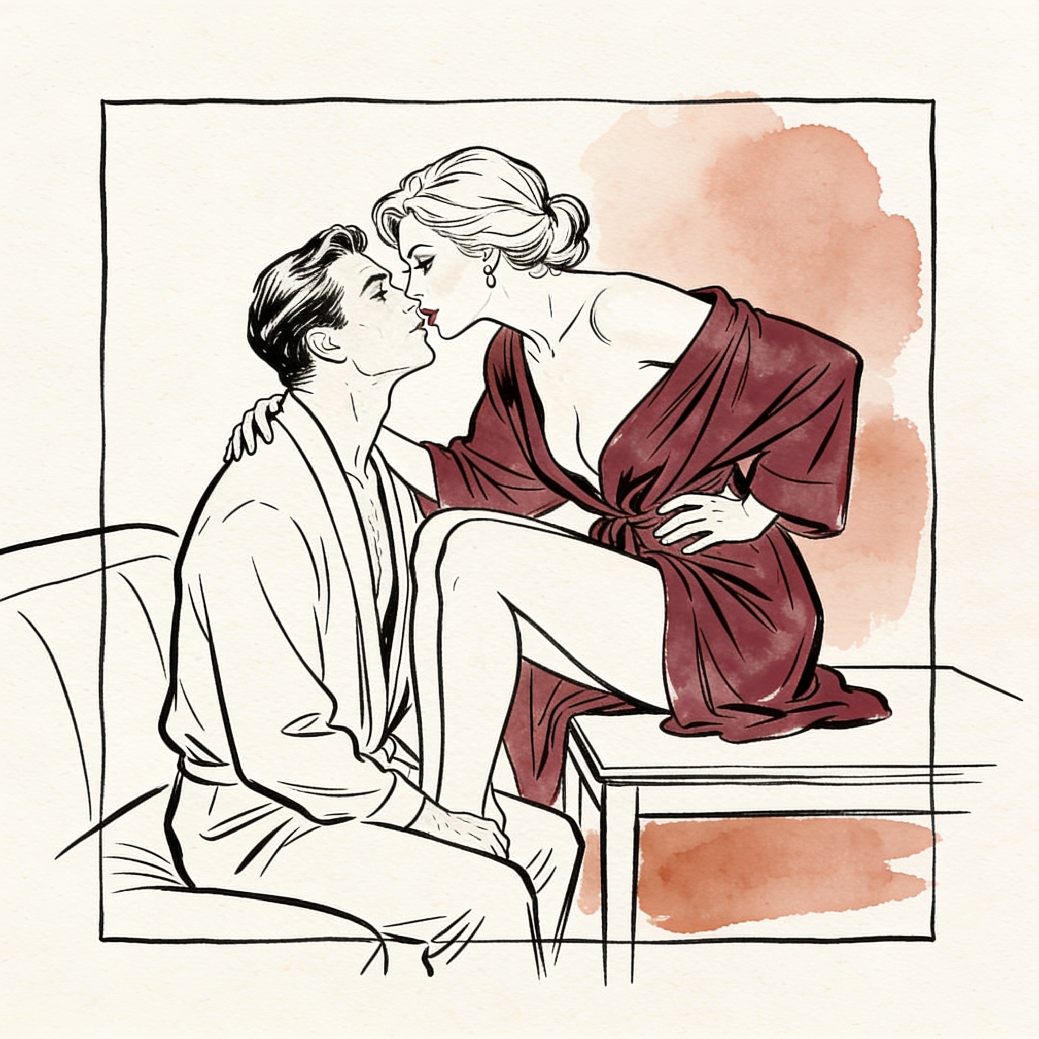 A wife leans close to her husband on a sofa, whispering a secret, her robe slipping off...