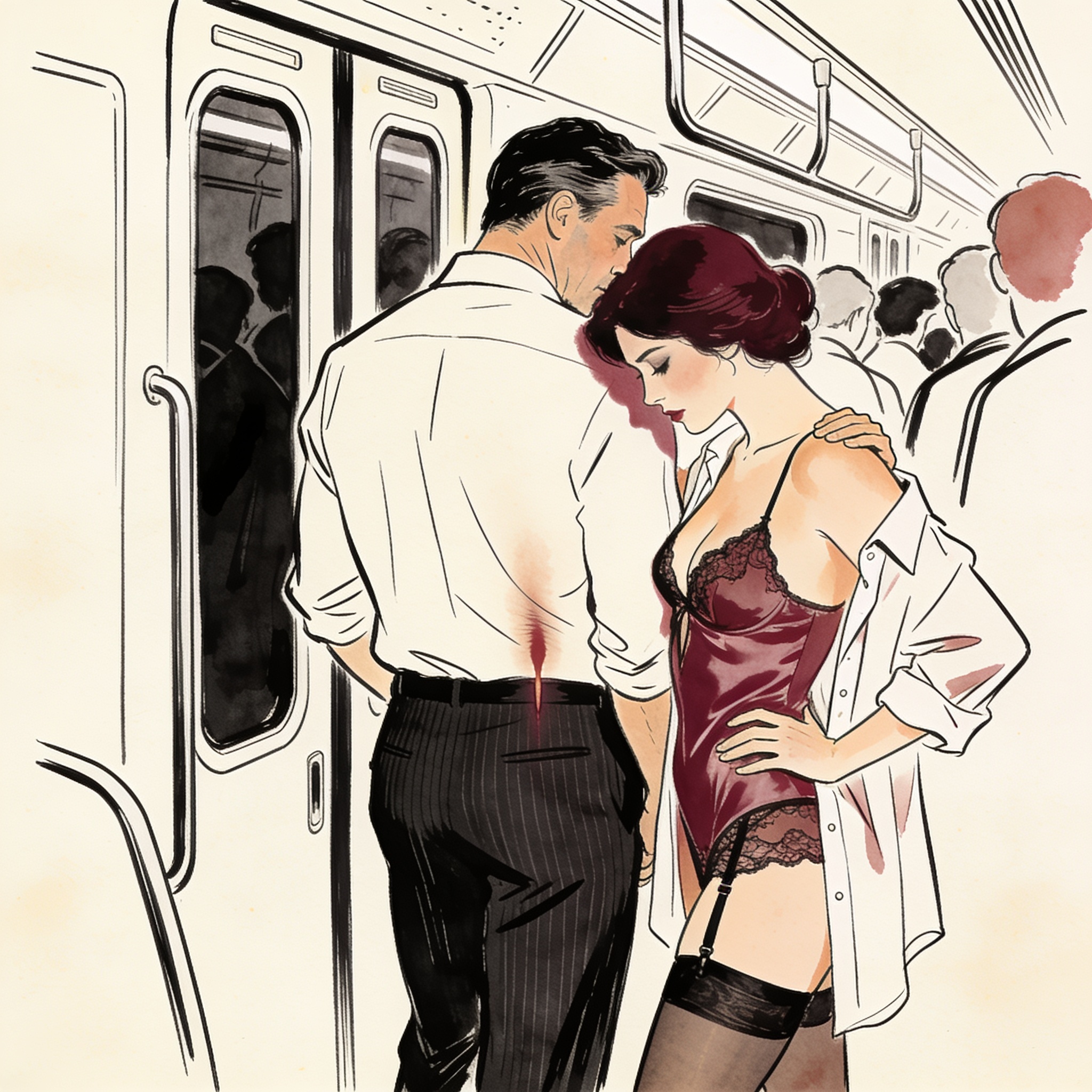 A woman with her head against a man's chest, looking down at his trousers in a crowded ...