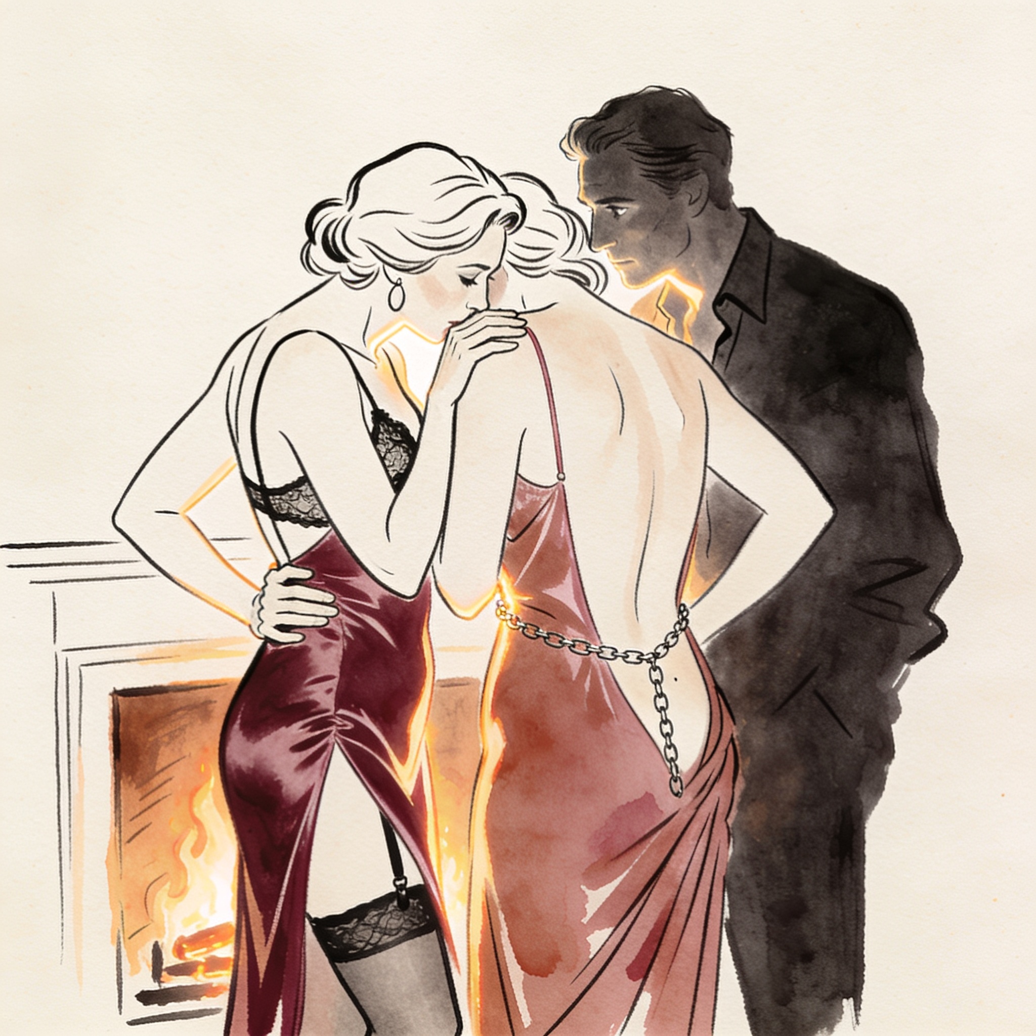Backlit woman whispers, ignoring a man's longing gaze across a smoky tavern.