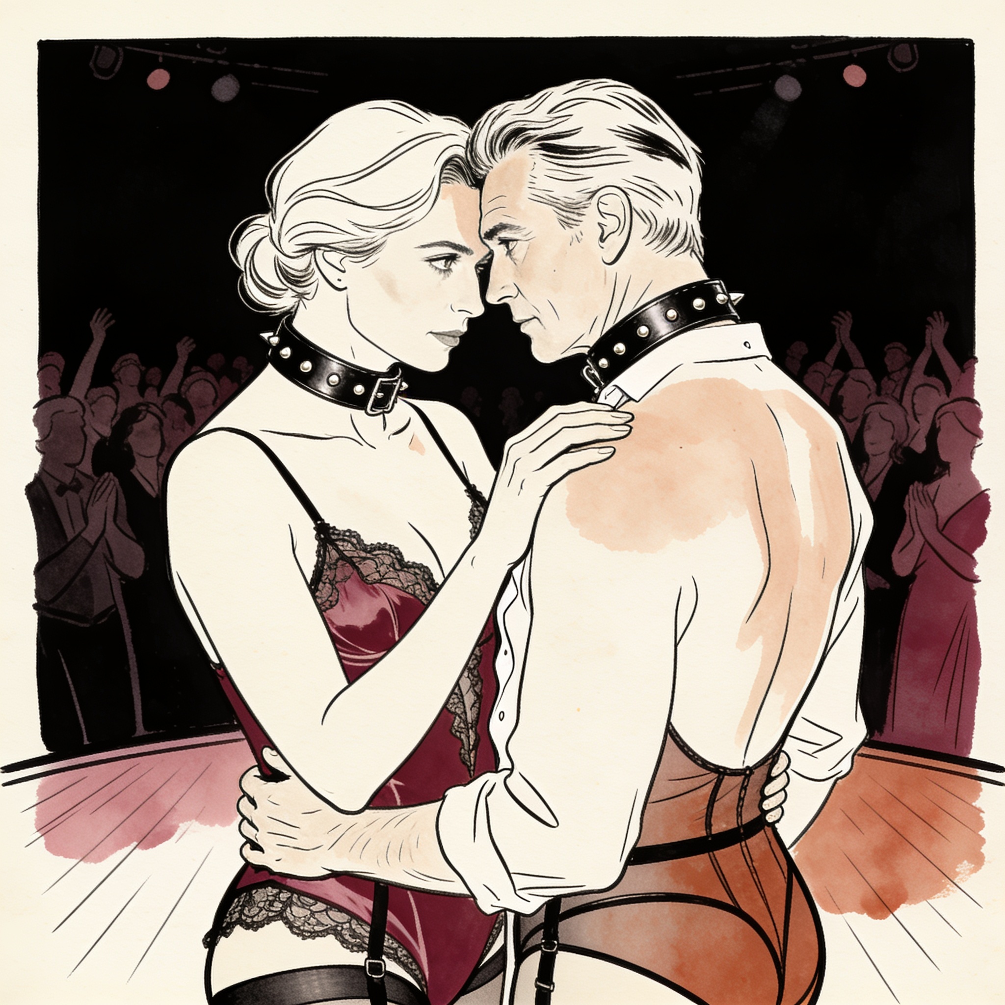 Two performers in lingerie and collars share an intimate moment on a dark stage.
