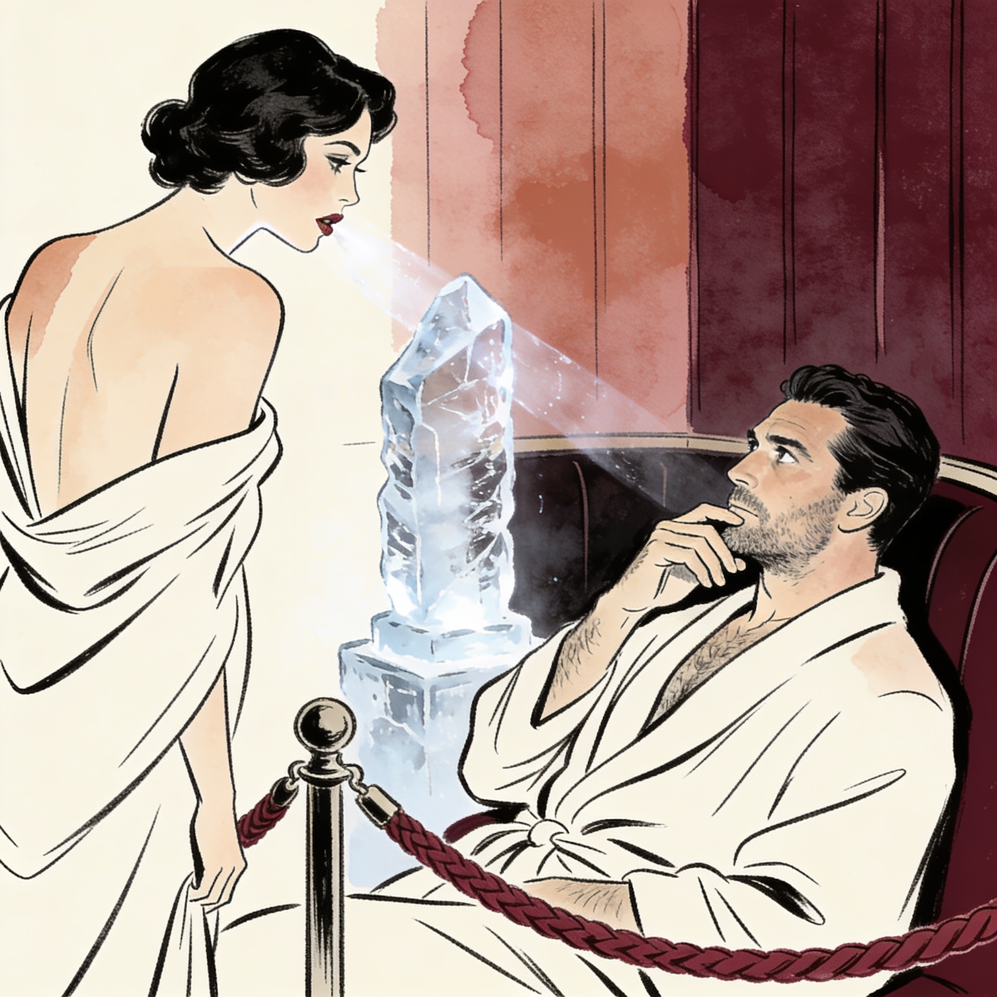A man's intense gaze meets a woman's across a club, her dress strap fallen from her sho...