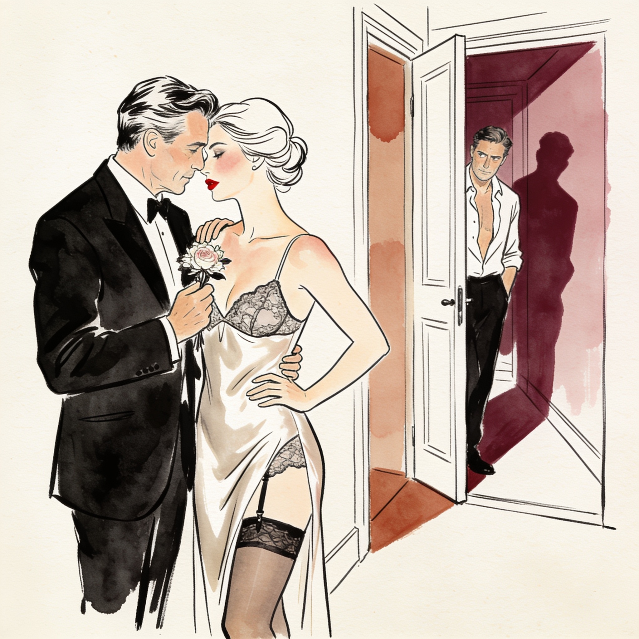 A man offers a corsage to a woman in a silk slip as her partner watches.