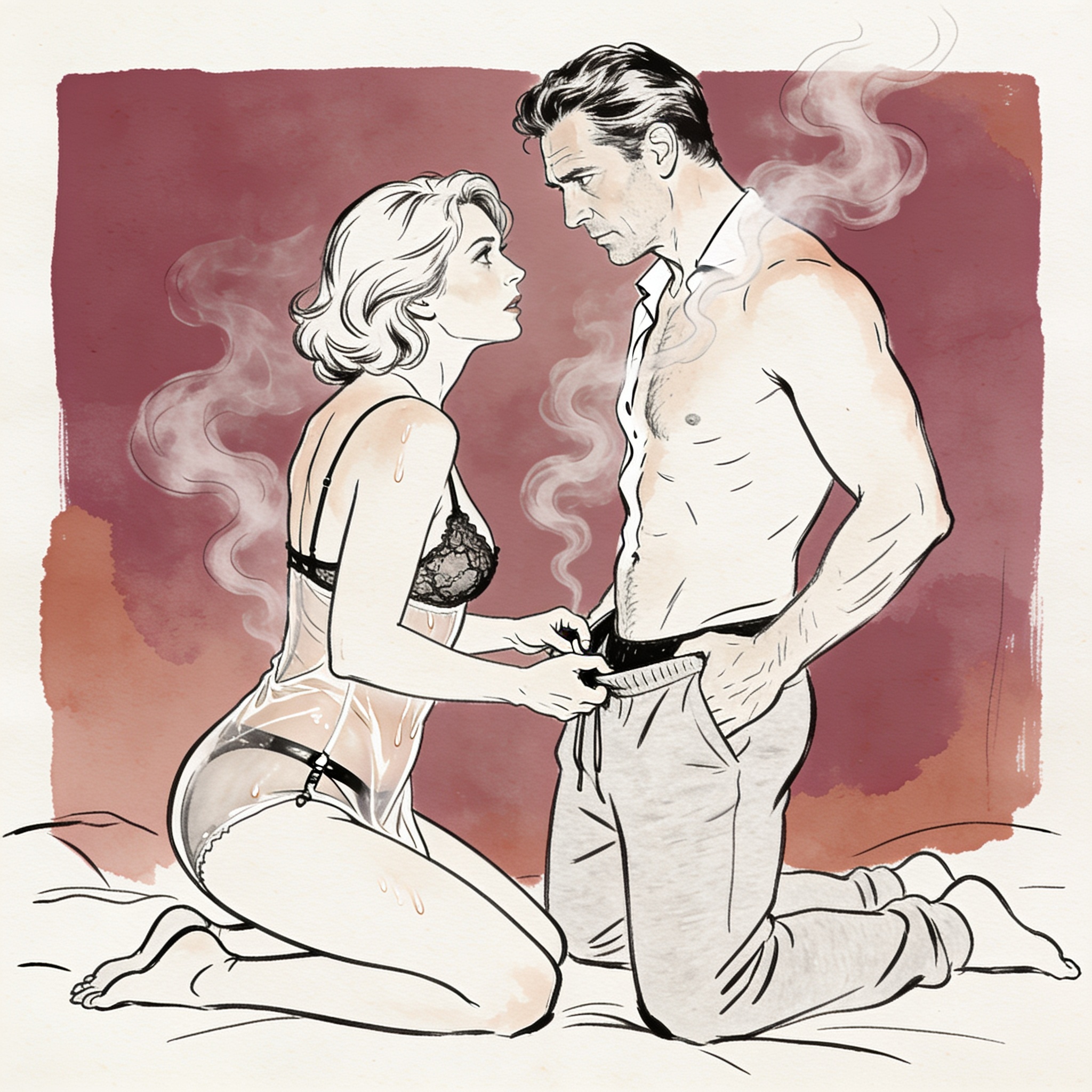 A woman with a conflicted gaze kneels, her hands on a man's sweatpants in a steamy bath...