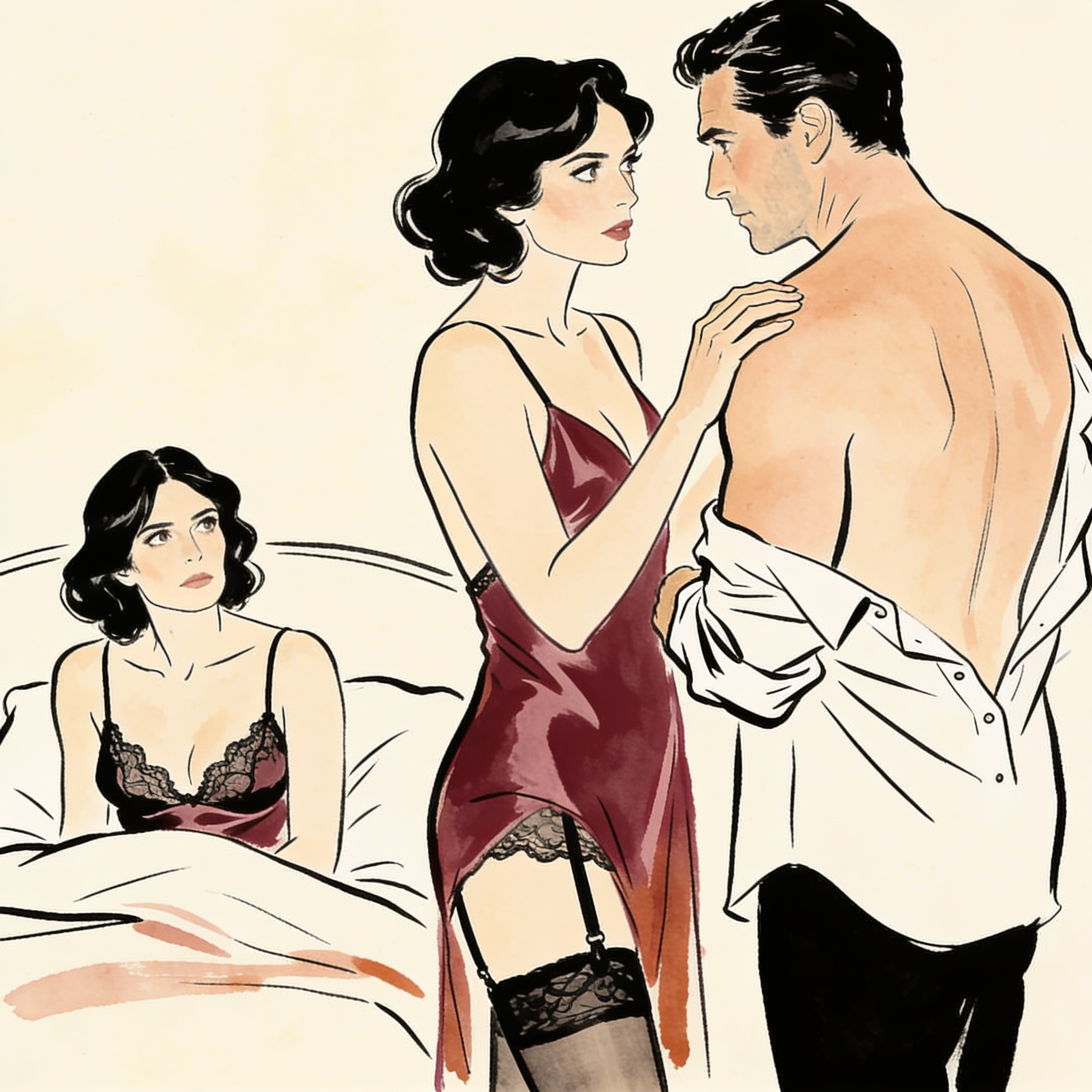 A woman on a bed watches another woman gaze longingly at a man's hand on her bare shoul...