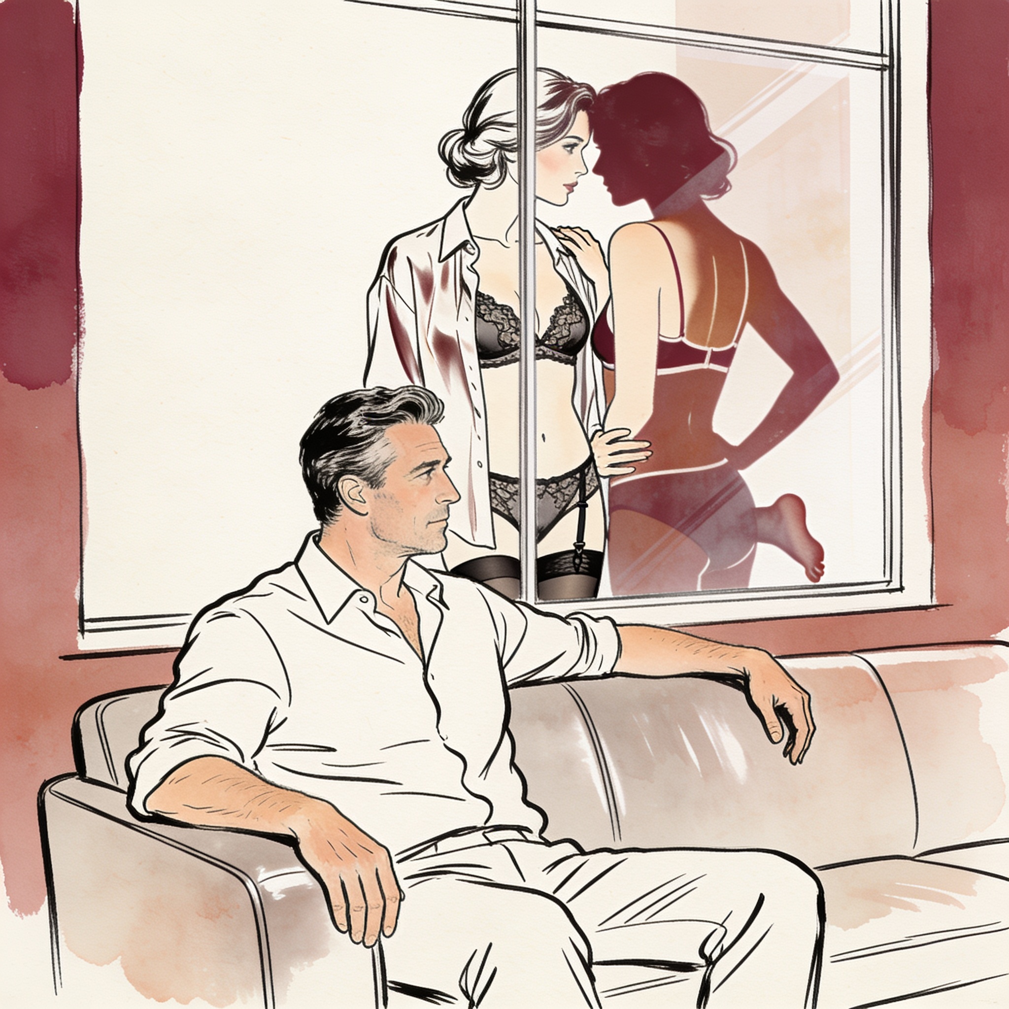 Couple in a modern apartment, their longing gaze meeting in a window reflection.