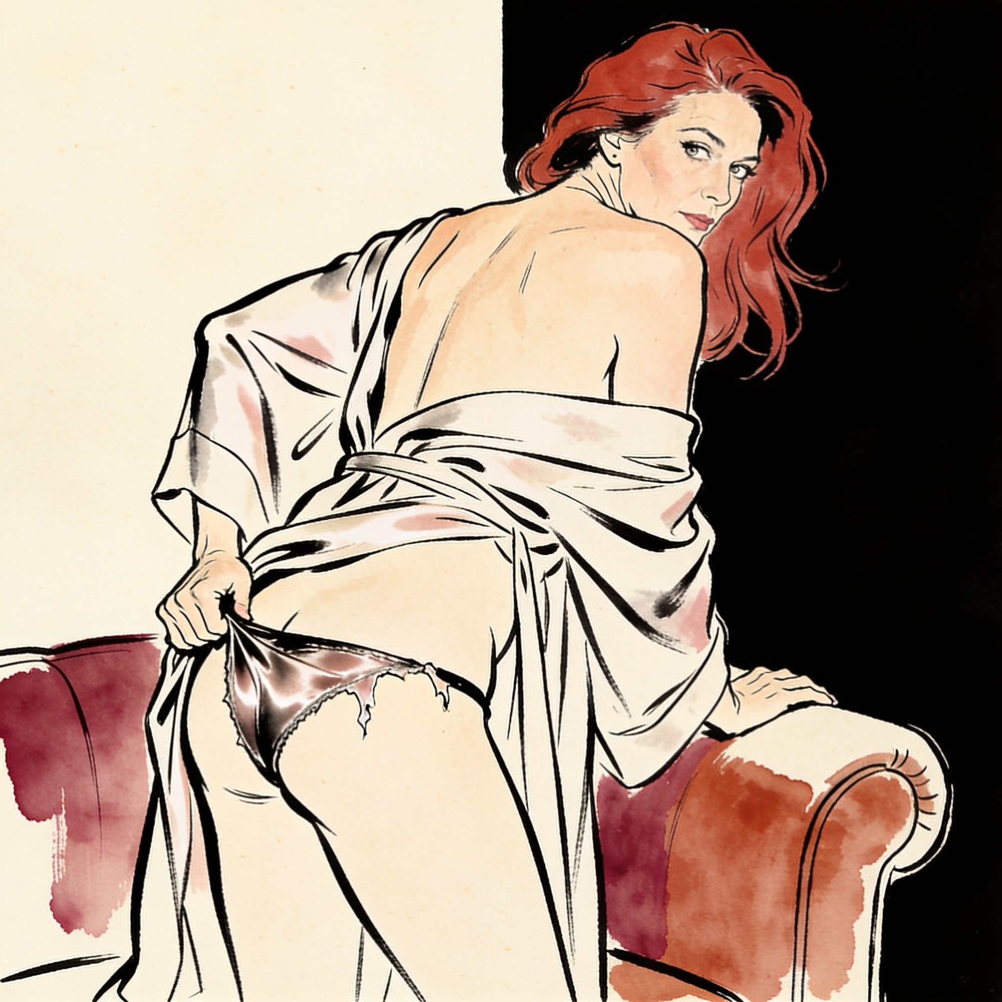 A woman bent over a sofa, her lingerie torn, looking back with a tense, desiring gaze.