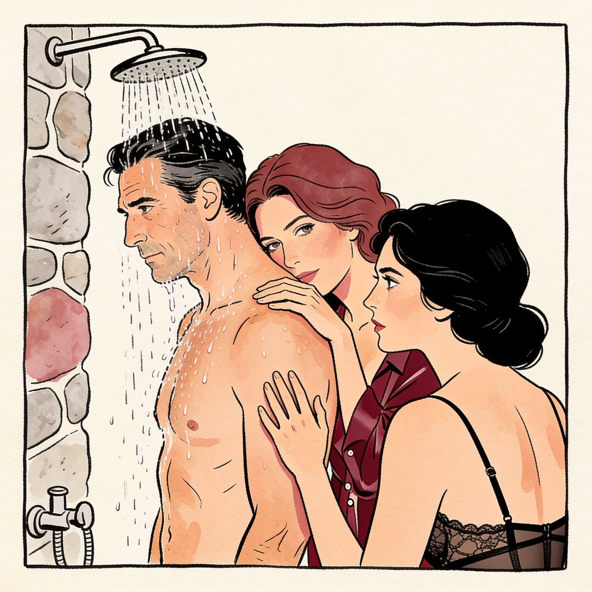 Two couples under an outdoor shower, tension and desire palpable in their close contact...