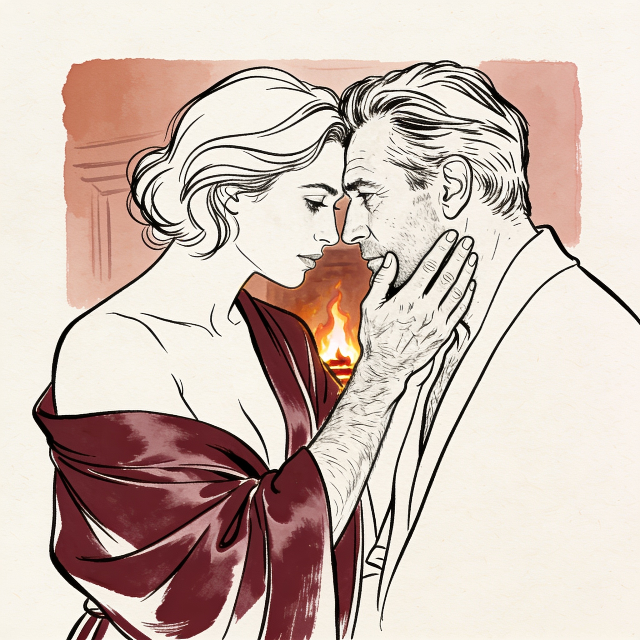 Man and woman in intimate tension by a fire, foreheads touching, her robe slipping from...