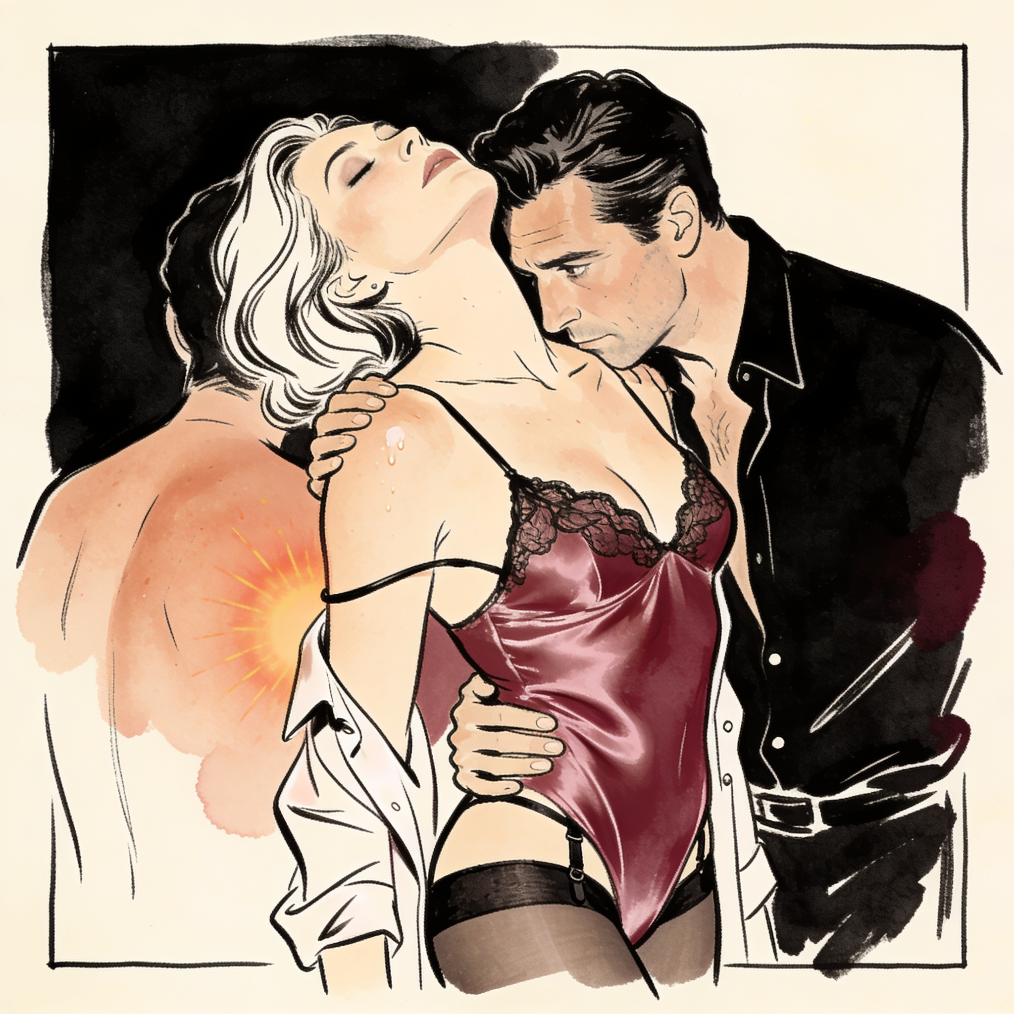 A woman arches between two men in a dim club, her silk slip strap falling from her shou...