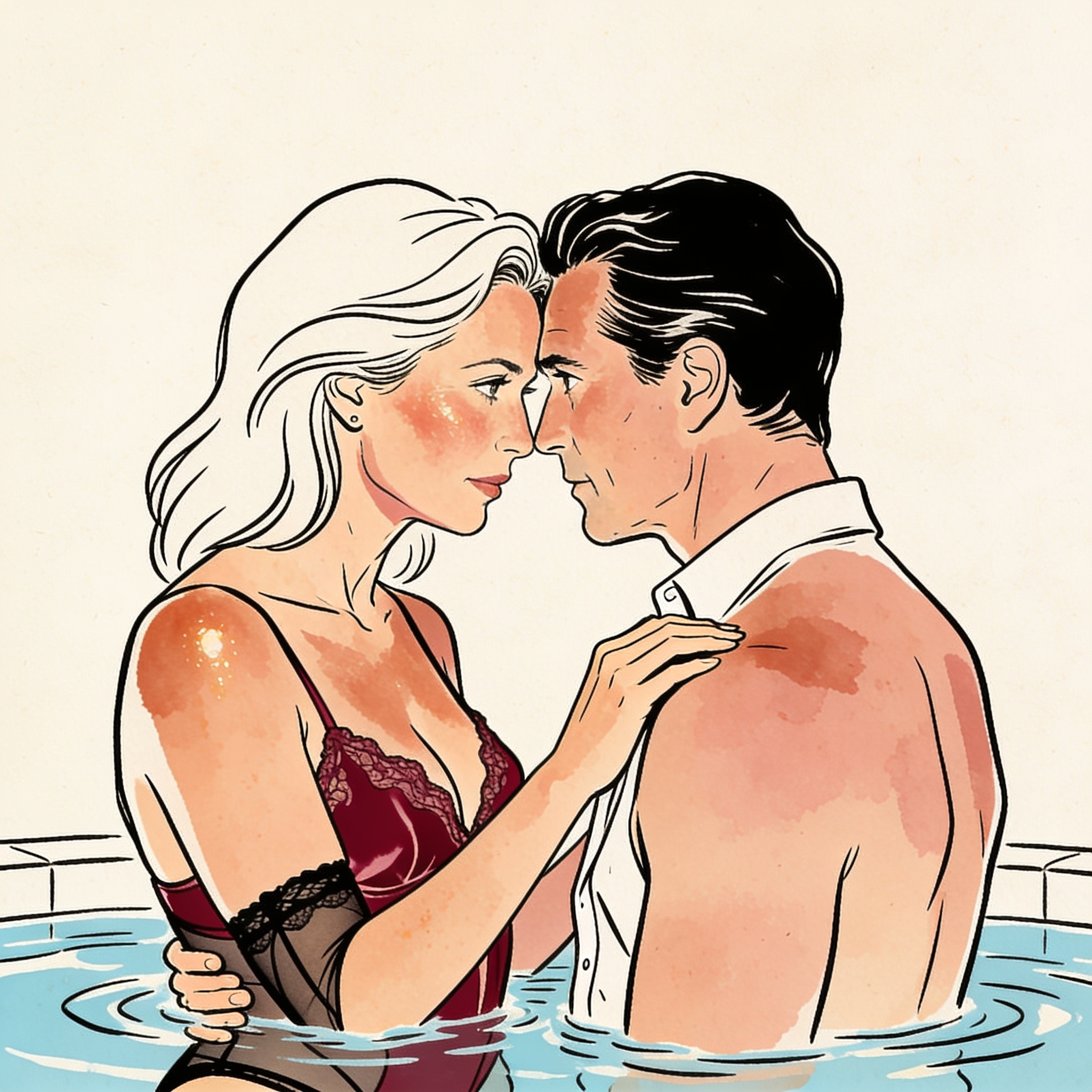 A female coach stands close to a male athlete in a pool, their faces near, tension palp...