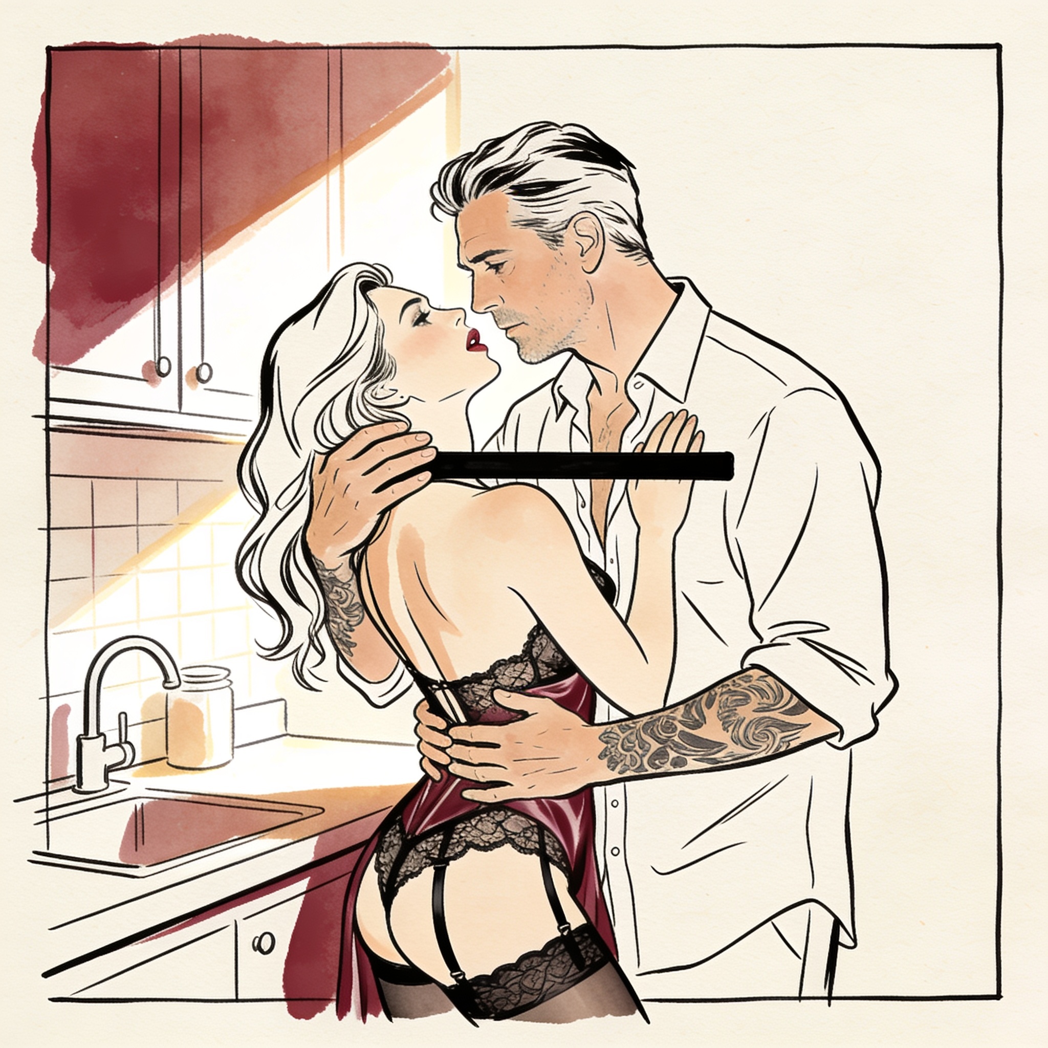 A man embraces a woman from behind against a kitchen counter, his hand on her lace nigh...