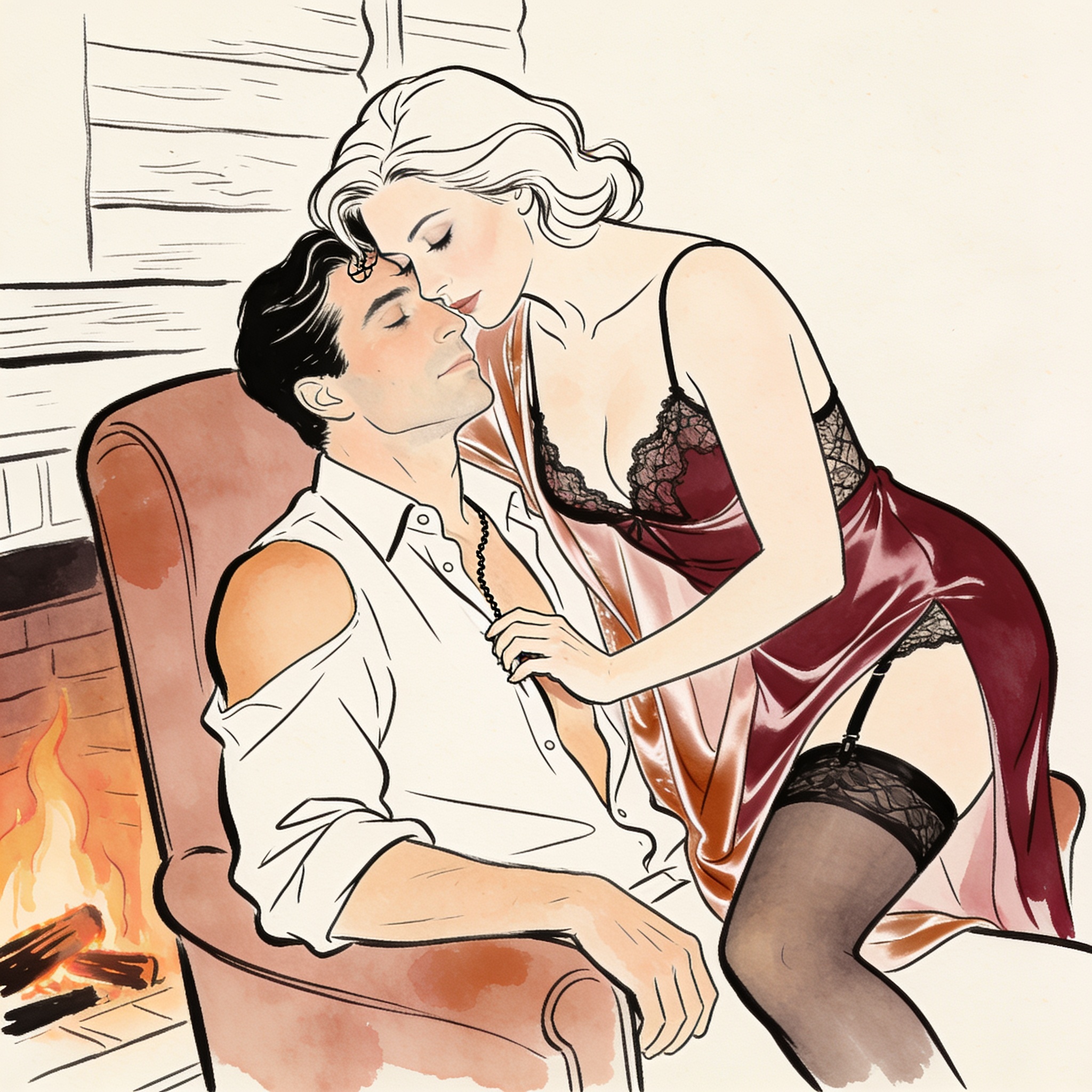 A woman in a lace negligee leans intimately over a man in a chair, their foreheads touc...
