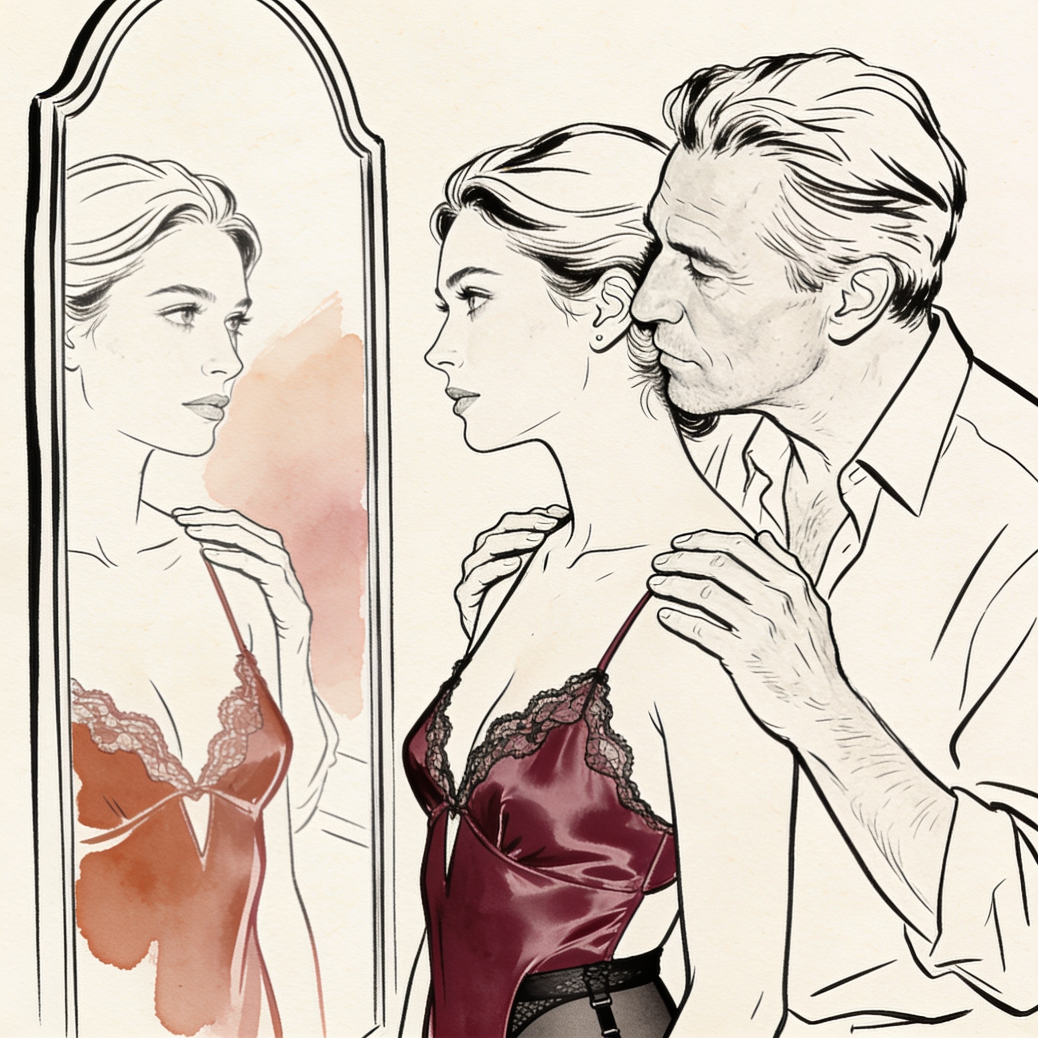 Couple before a mirror, his hands on her bare shoulders, their gazes locked in reflection.