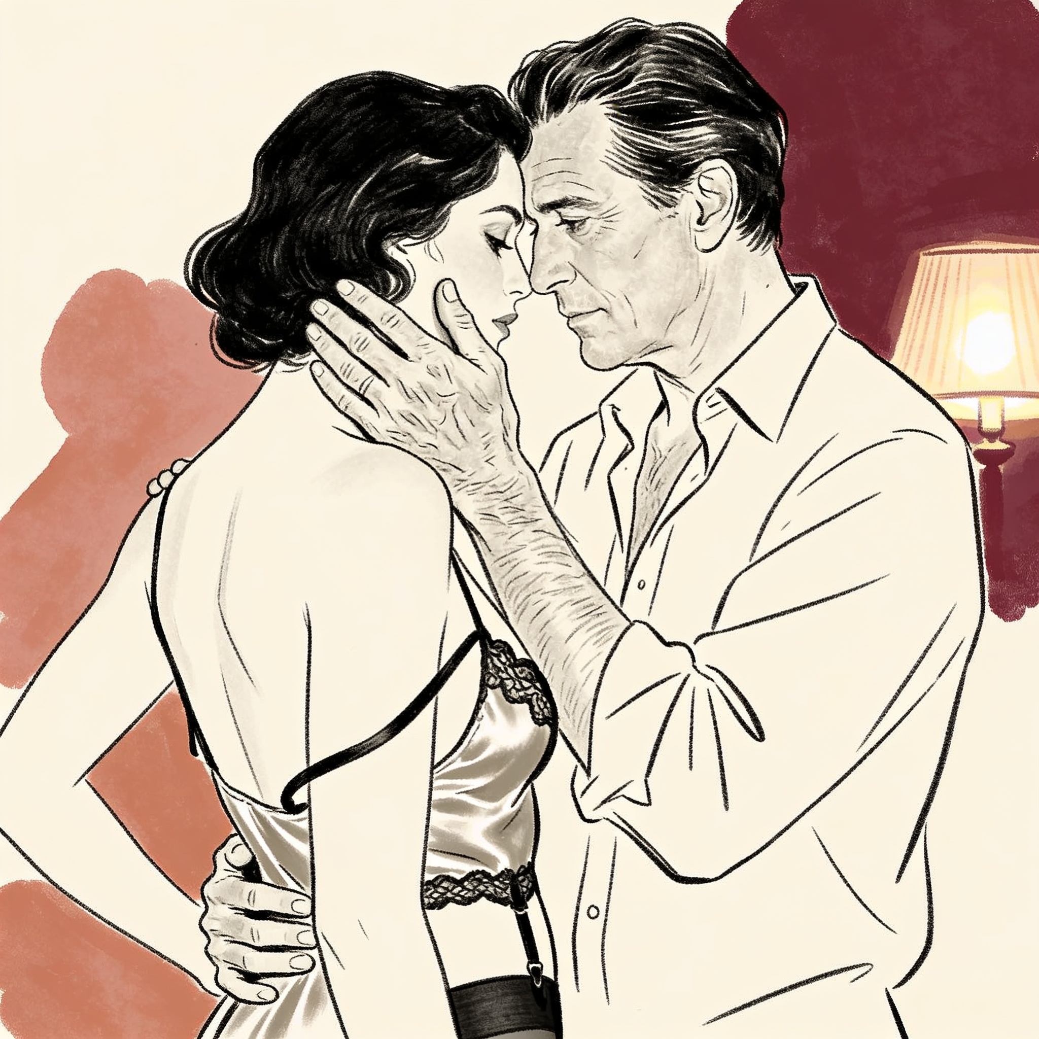 Couple’s intimate moment: foreheads touching, her face in his hand.