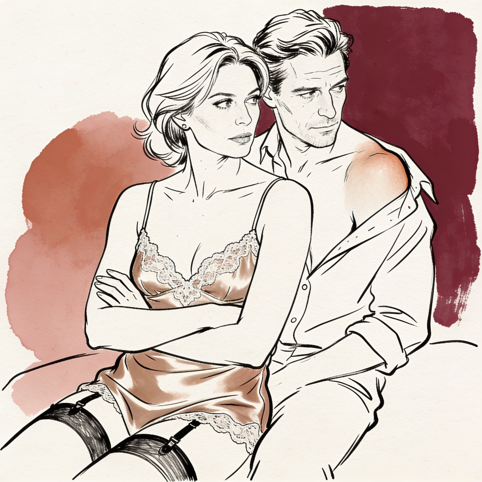A pregnant woman in a silk camisole watches a man at a podium with intense longing.