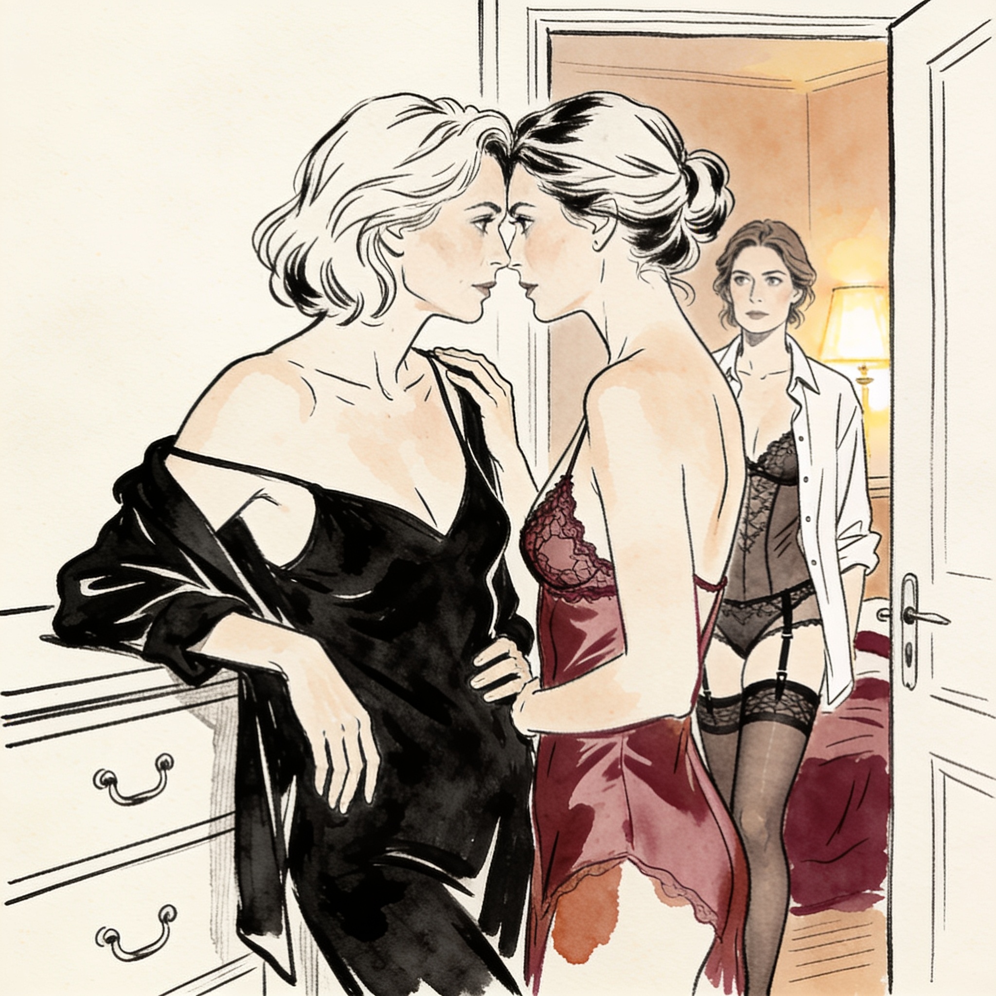Two women share a tense, intimate gaze in a dim bedroom.