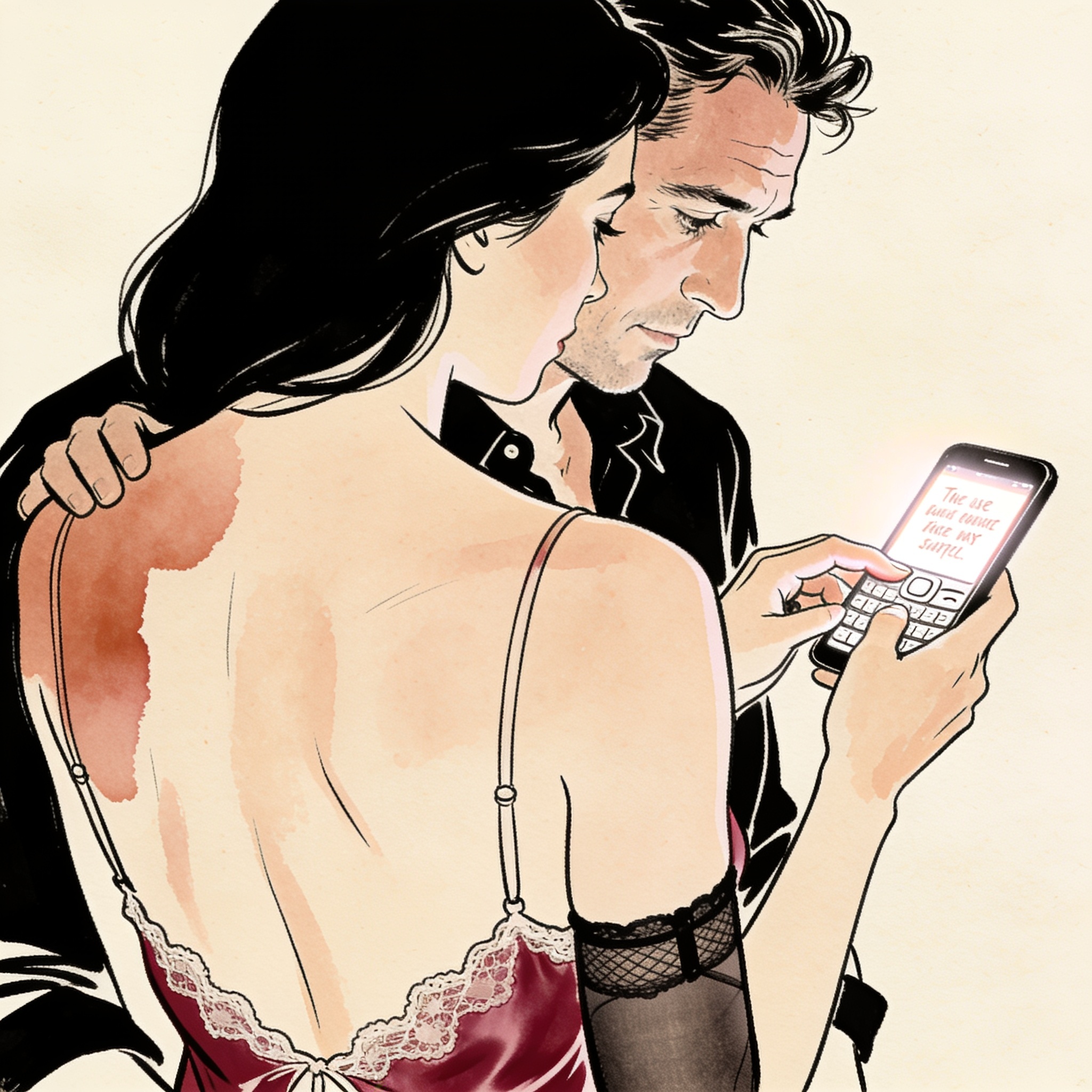 Intimate moment of shared voyeuristic desire over a glowing phone screen.