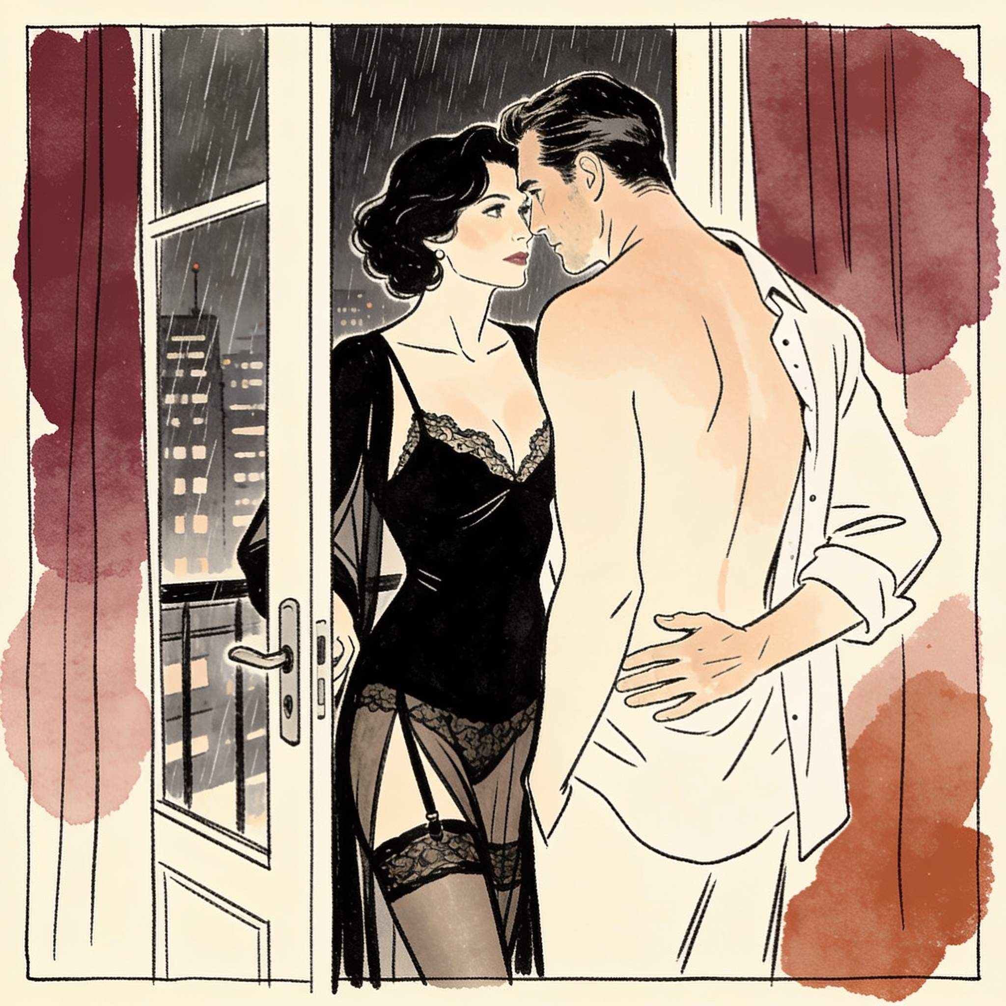 A woman in a sheer dress reveals her lingerie as a man watches intently from across a p...