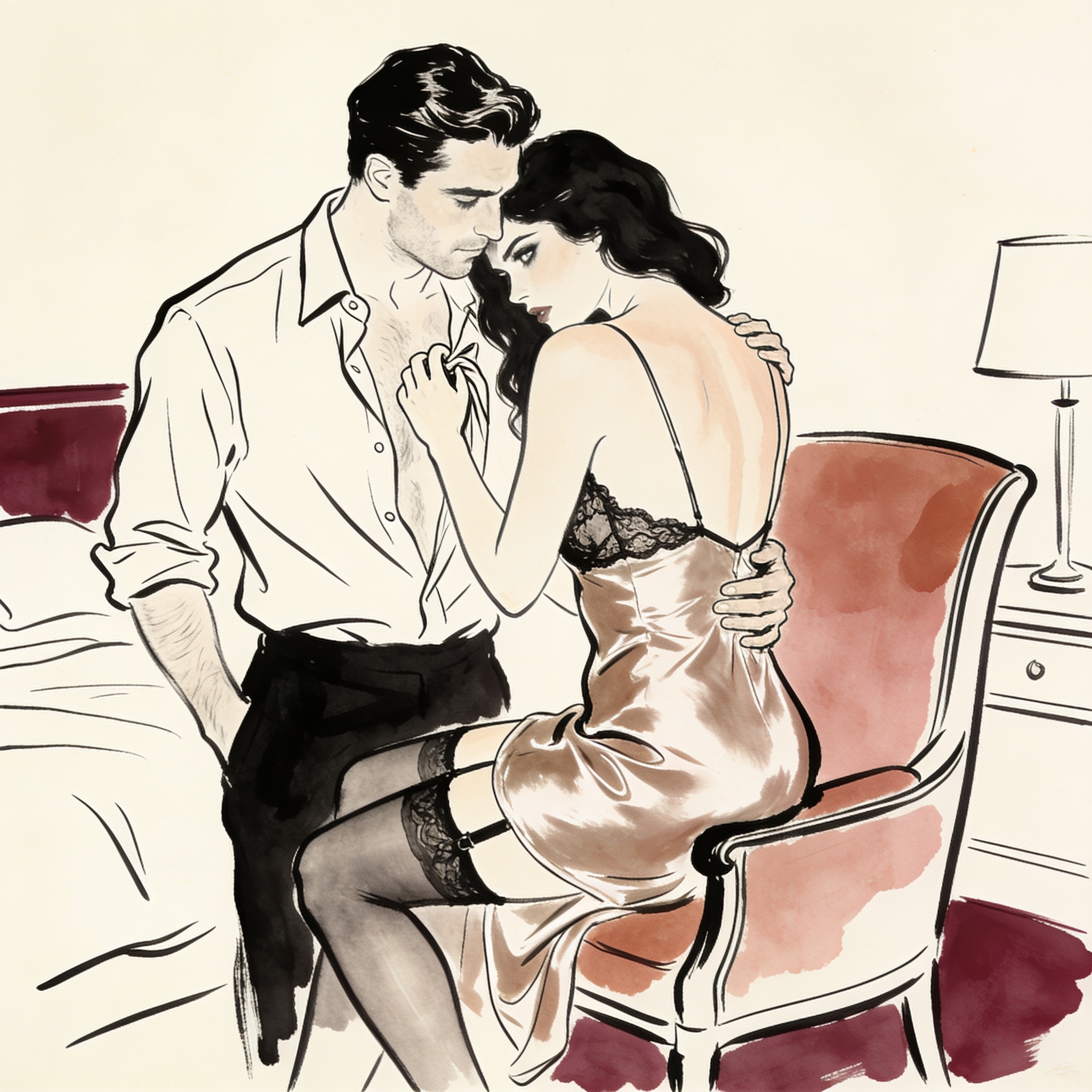 Woman in slip leans against husband's chest, her expression charged with desire.