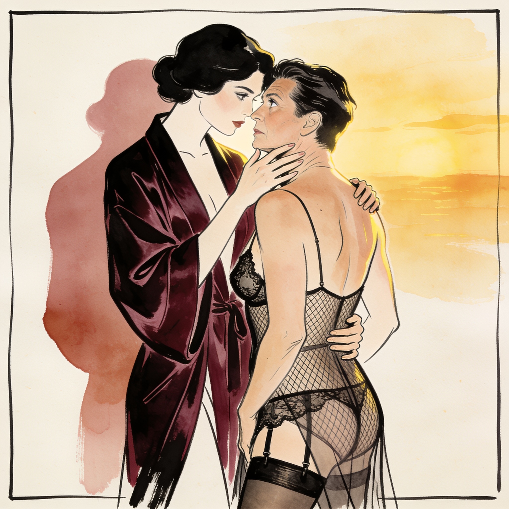 Two women close on a yacht deck at sunset, one guiding the other's gaze.