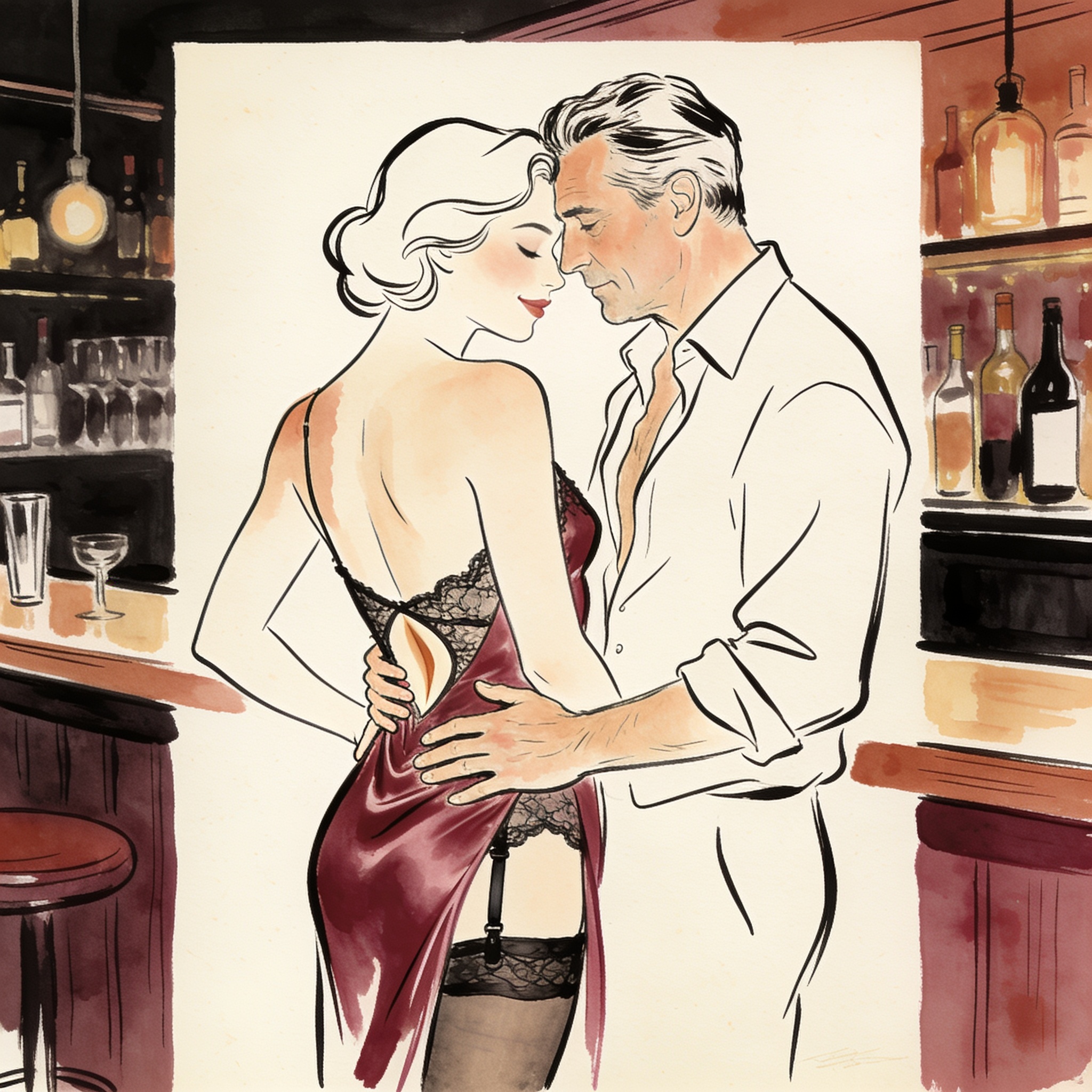 A man's hand feels a hidden shape through a woman's silk dress at a nightclub bar.