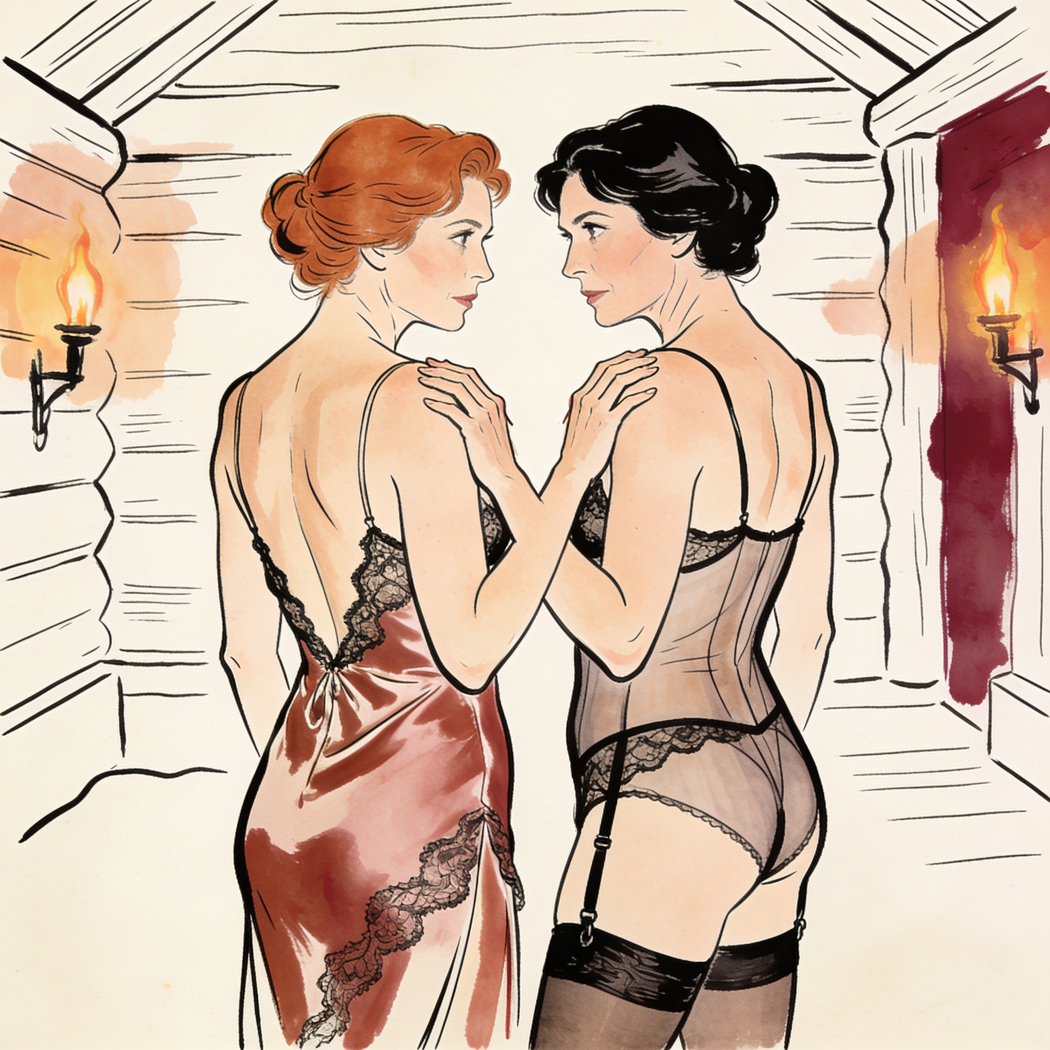 Two women in modern lingerie share a charged look in flickering torchlight.